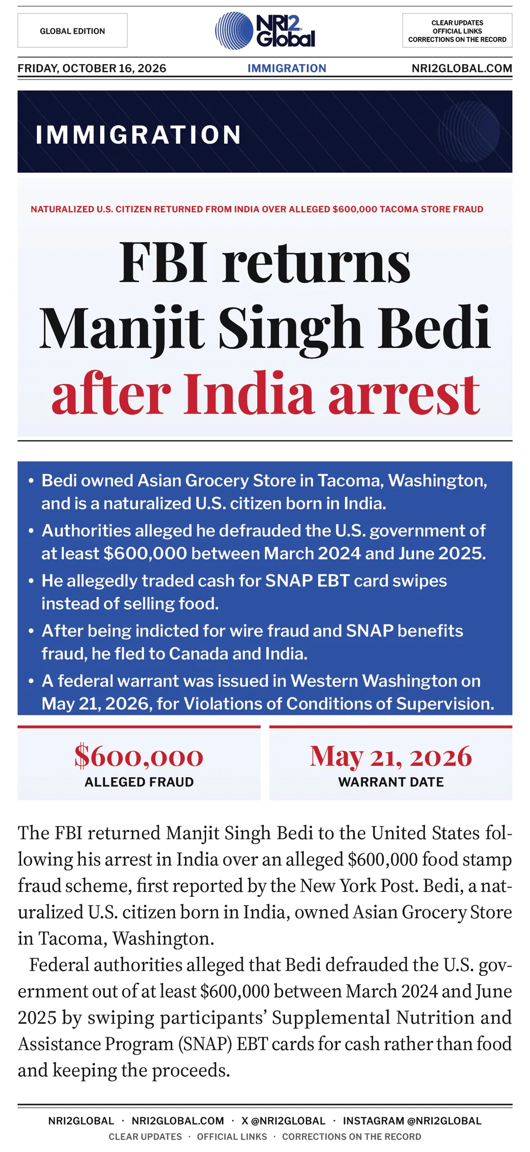 FBI seeks 'Most Wanted' fraudster Manjit Singh Bedi in alleged $600K SNAP food stamp scheme