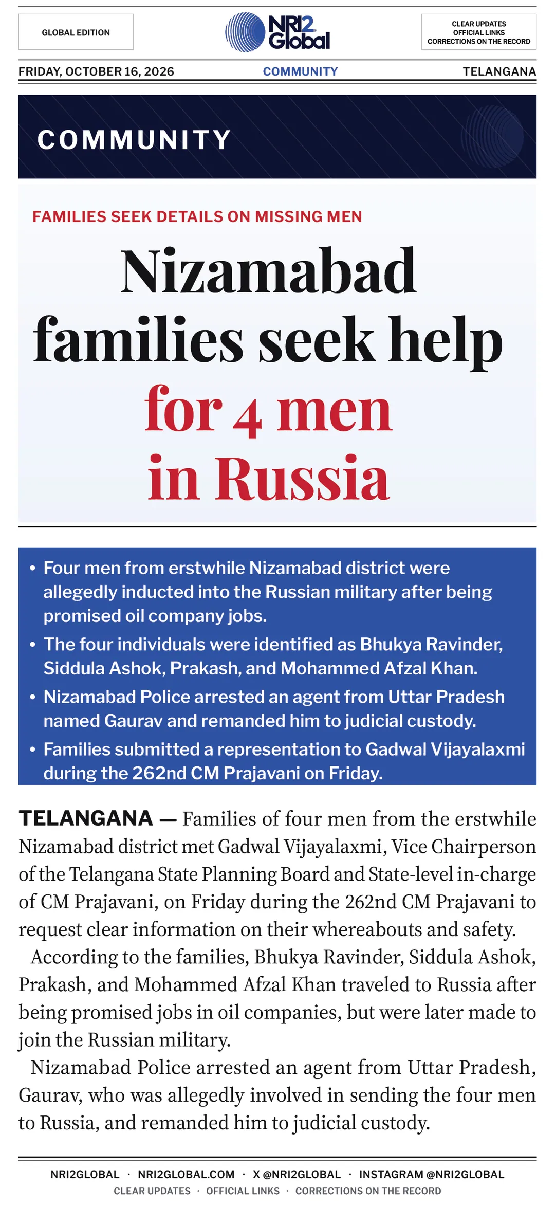 Nizamabad families seek help for 4 men allegedly trapped in Russia