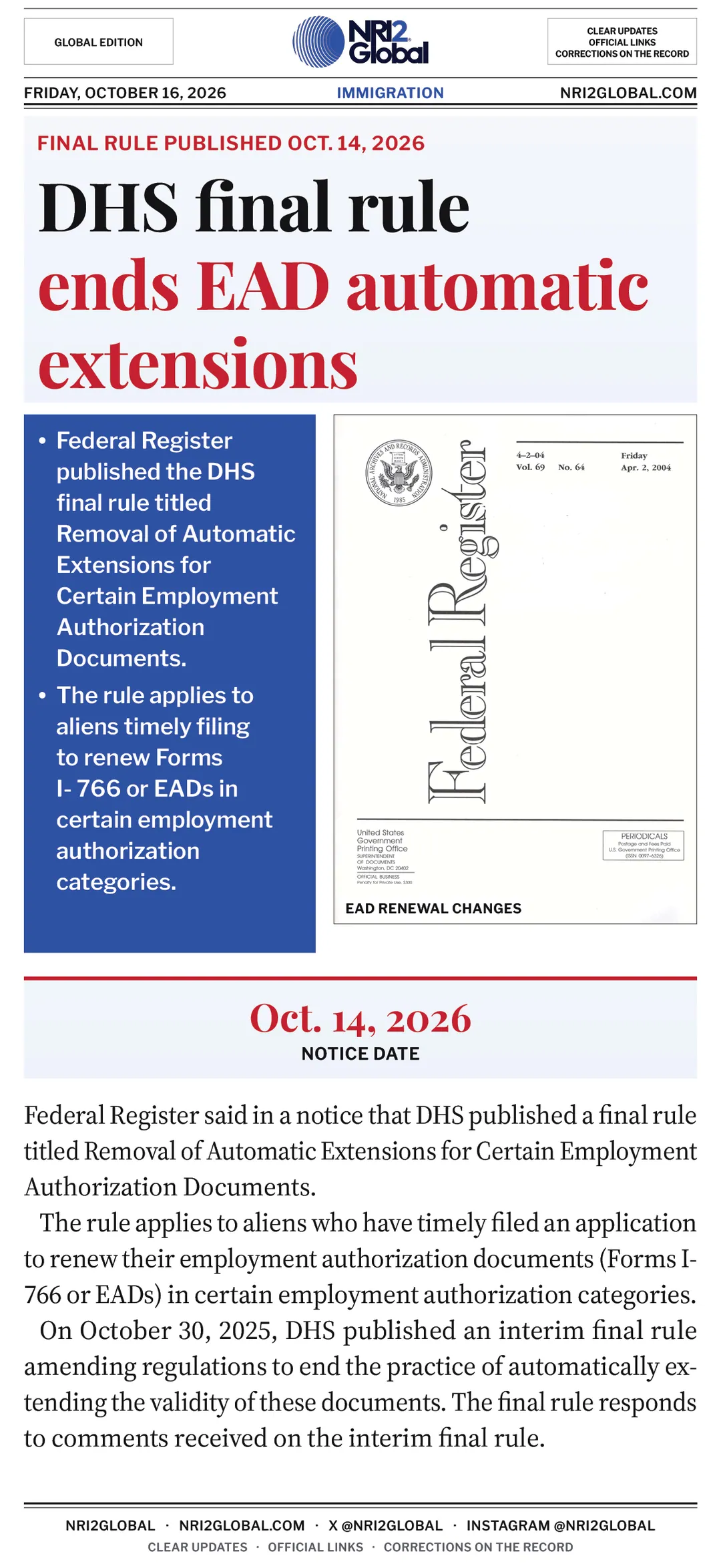 DHS final rule ends automatic EAD extensions