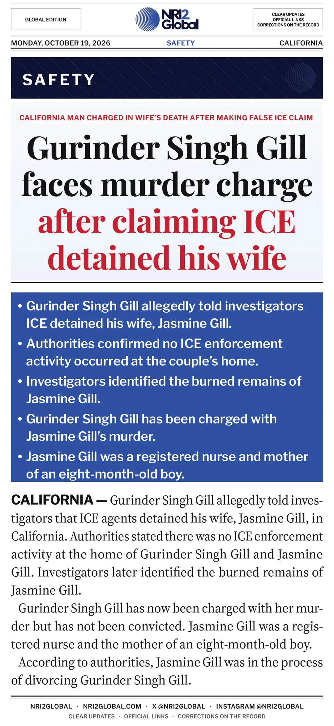Gurinder Singh Gill charged with murder after claiming ICE detained wife