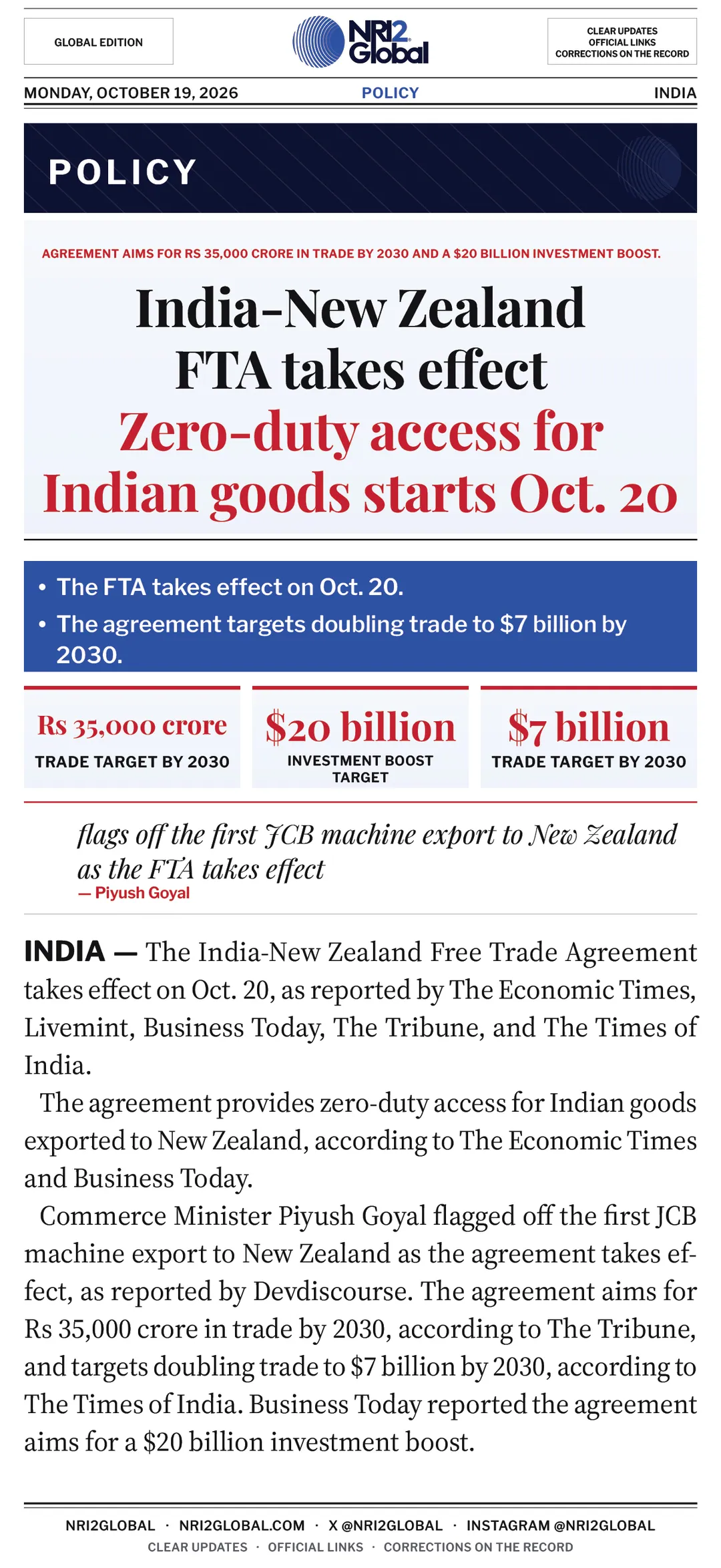 India-New Zealand FTA takes effect Oct. 20