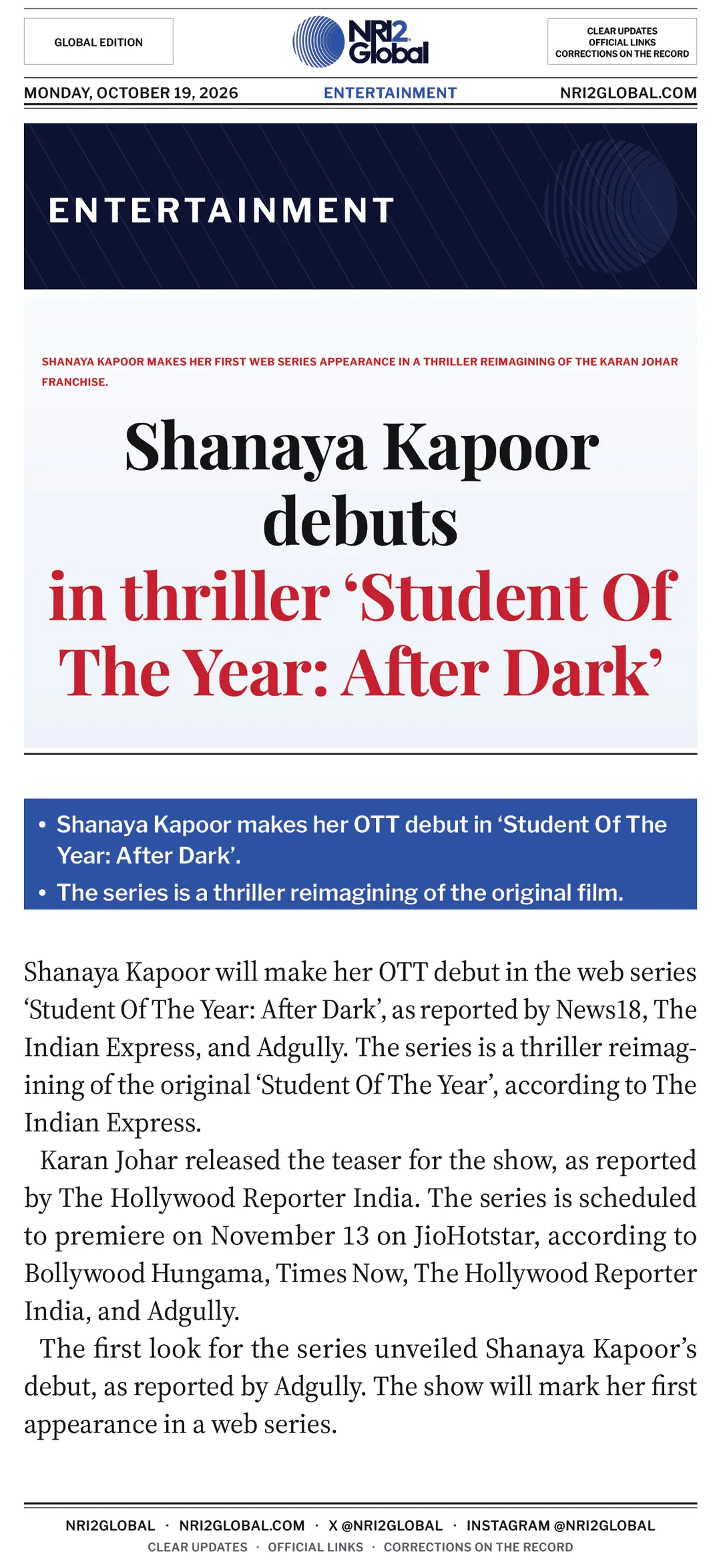 Shanaya Kapoor debuts in Student Of The Year: After Dark