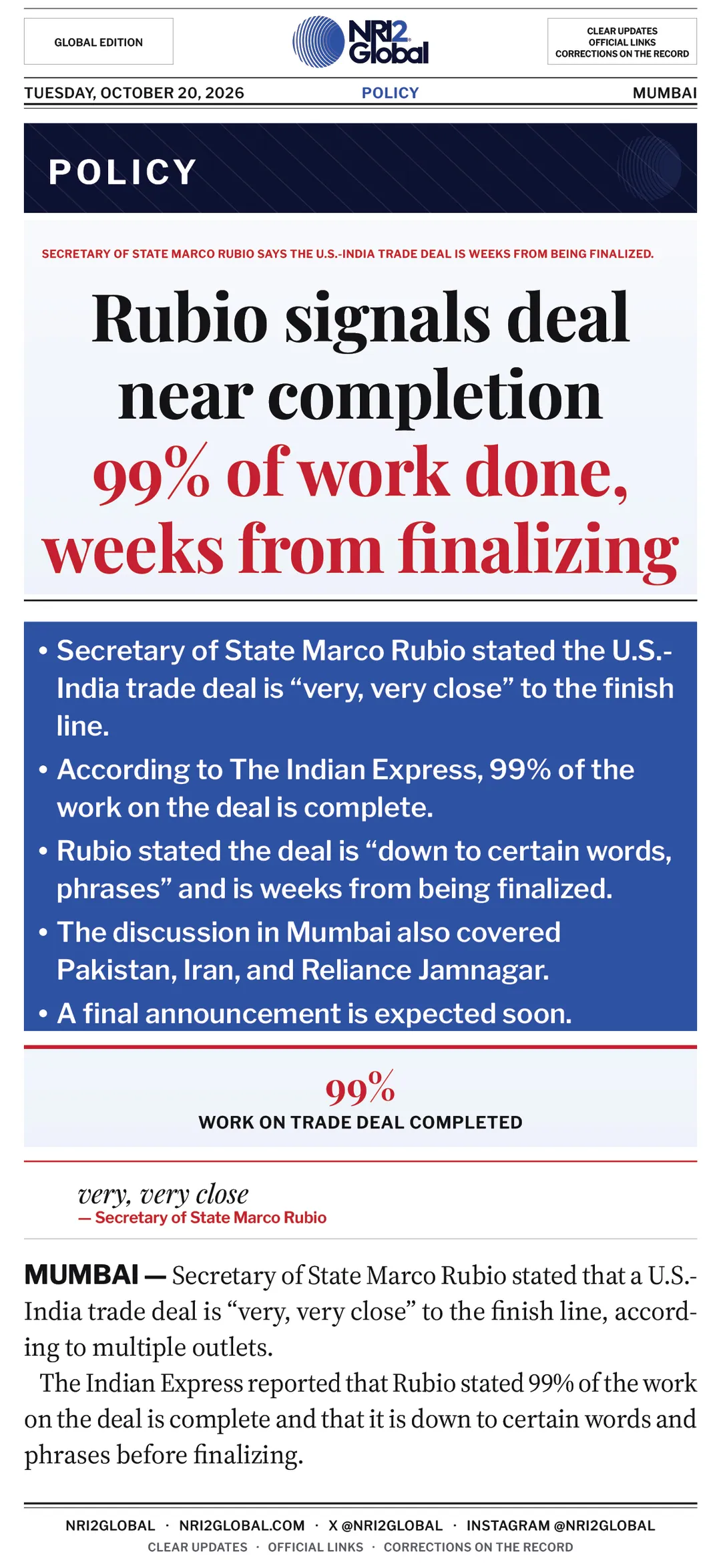 Secretary of State Marco Rubio says U.S.-India trade deal is weeks from finalization