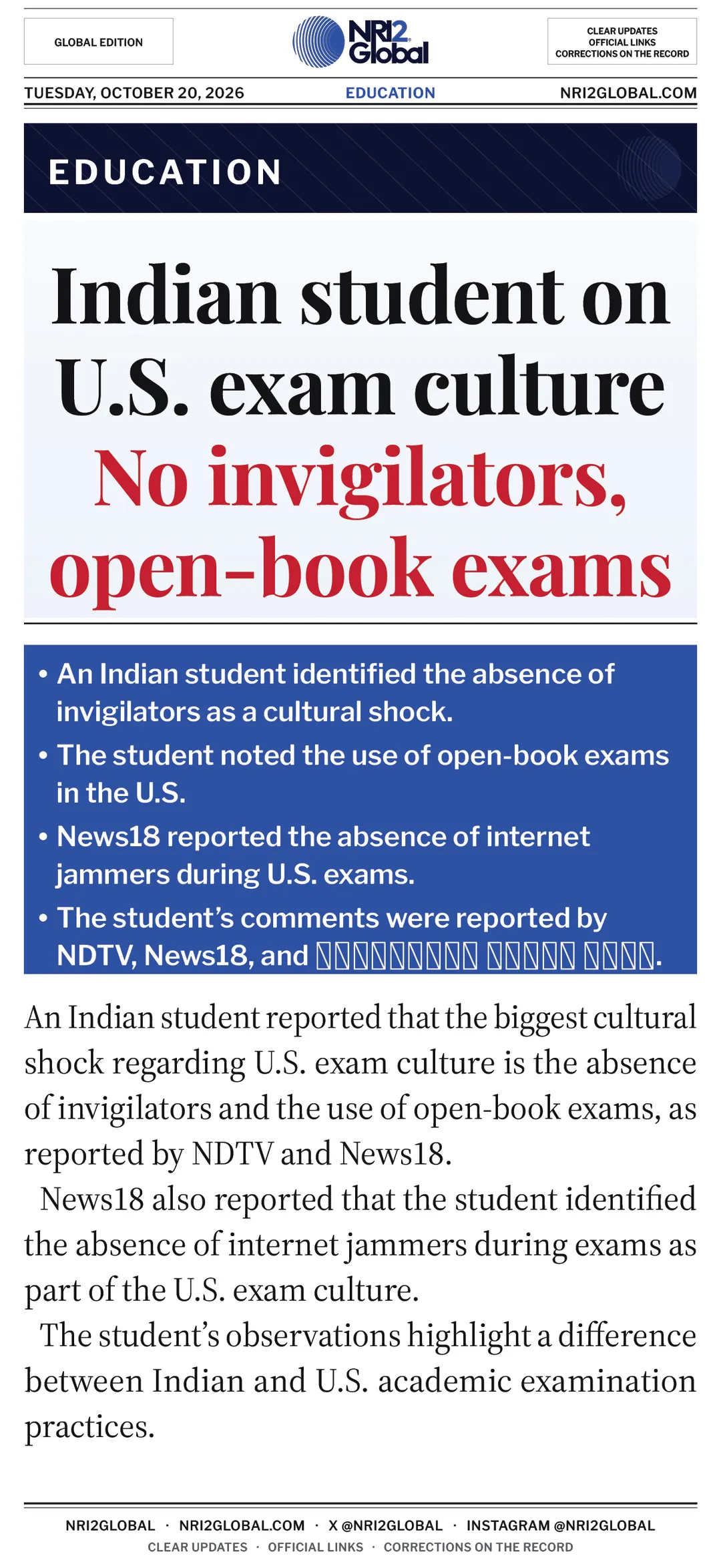 Indian student describes U.S. exam culture as cultural shock