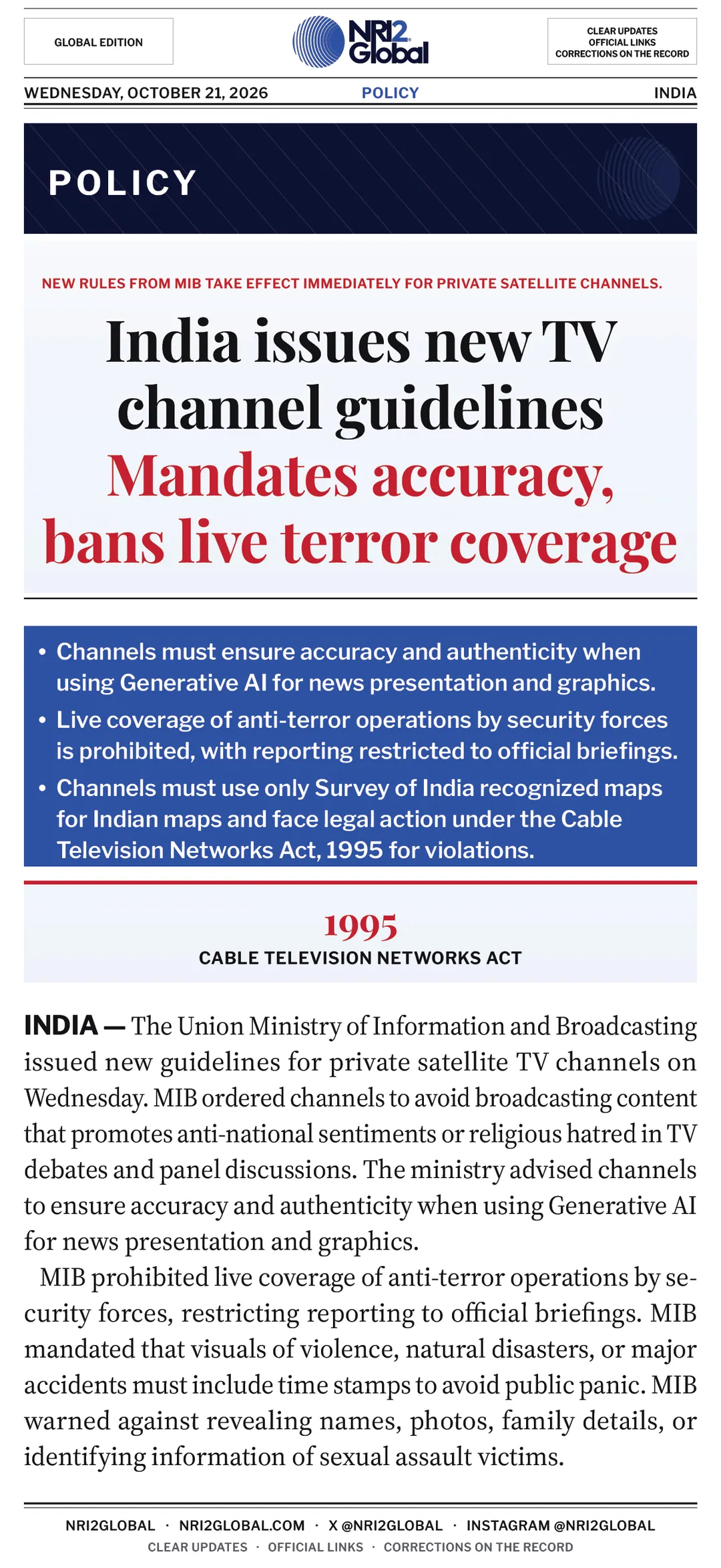 India MIB issues new guidelines for private satellite TV channels