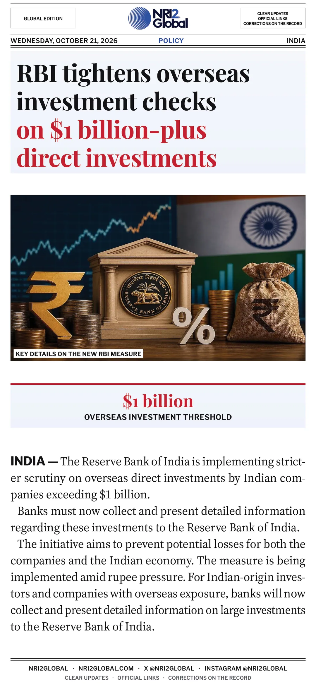RBI tightens scrutiny on $1 billion-plus overseas investments