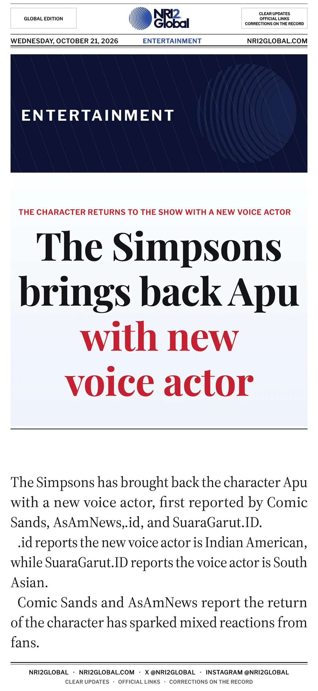 The Simpsons brings back Apu with new voice actor