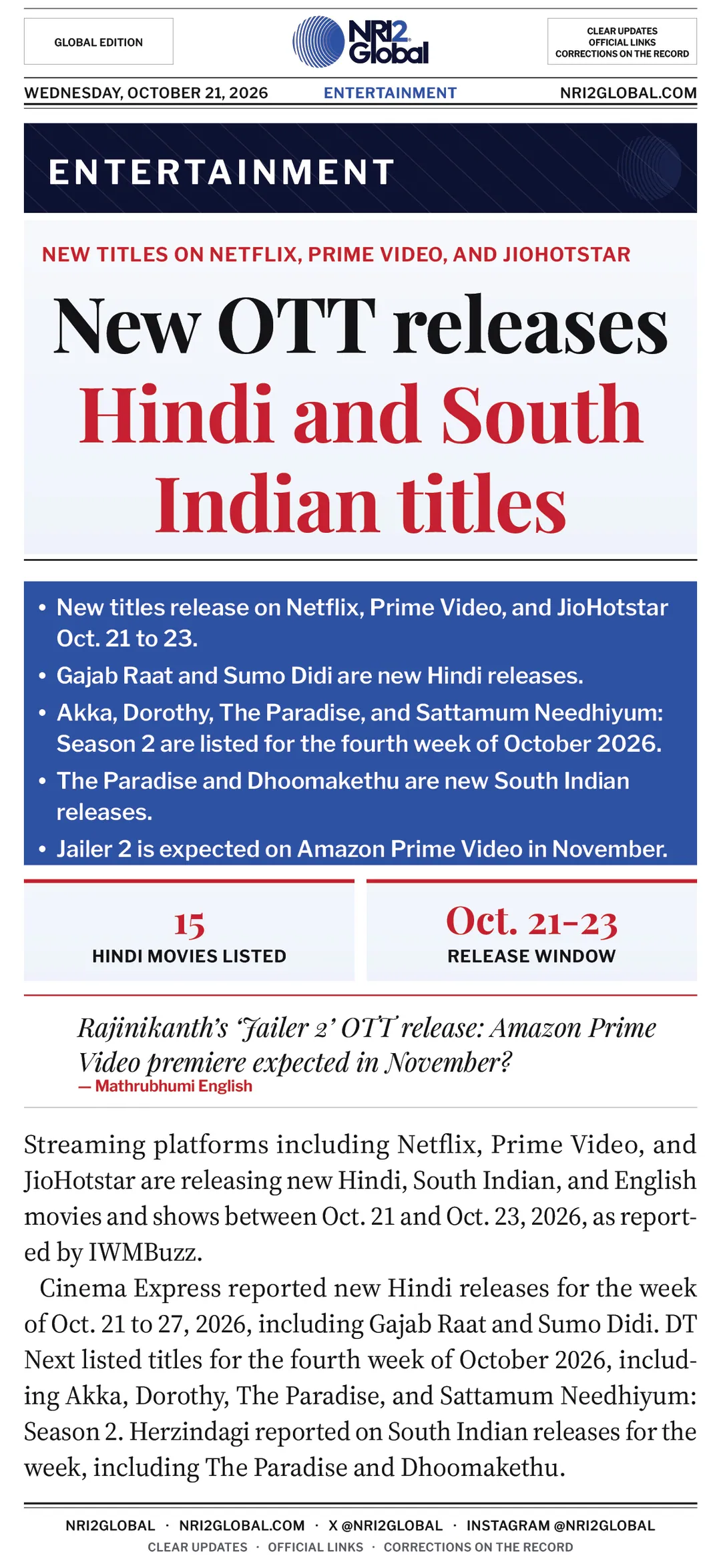 Hindi and South Indian OTT titles arrive Oct. 21-27