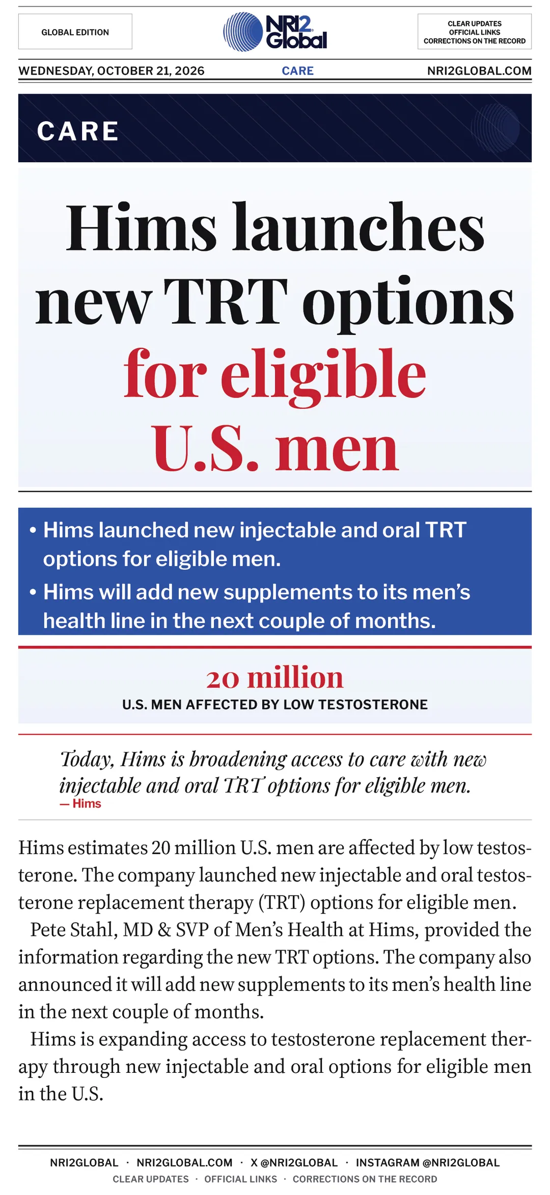 Hims launches new injectable and oral TRT for eligible U.S. men