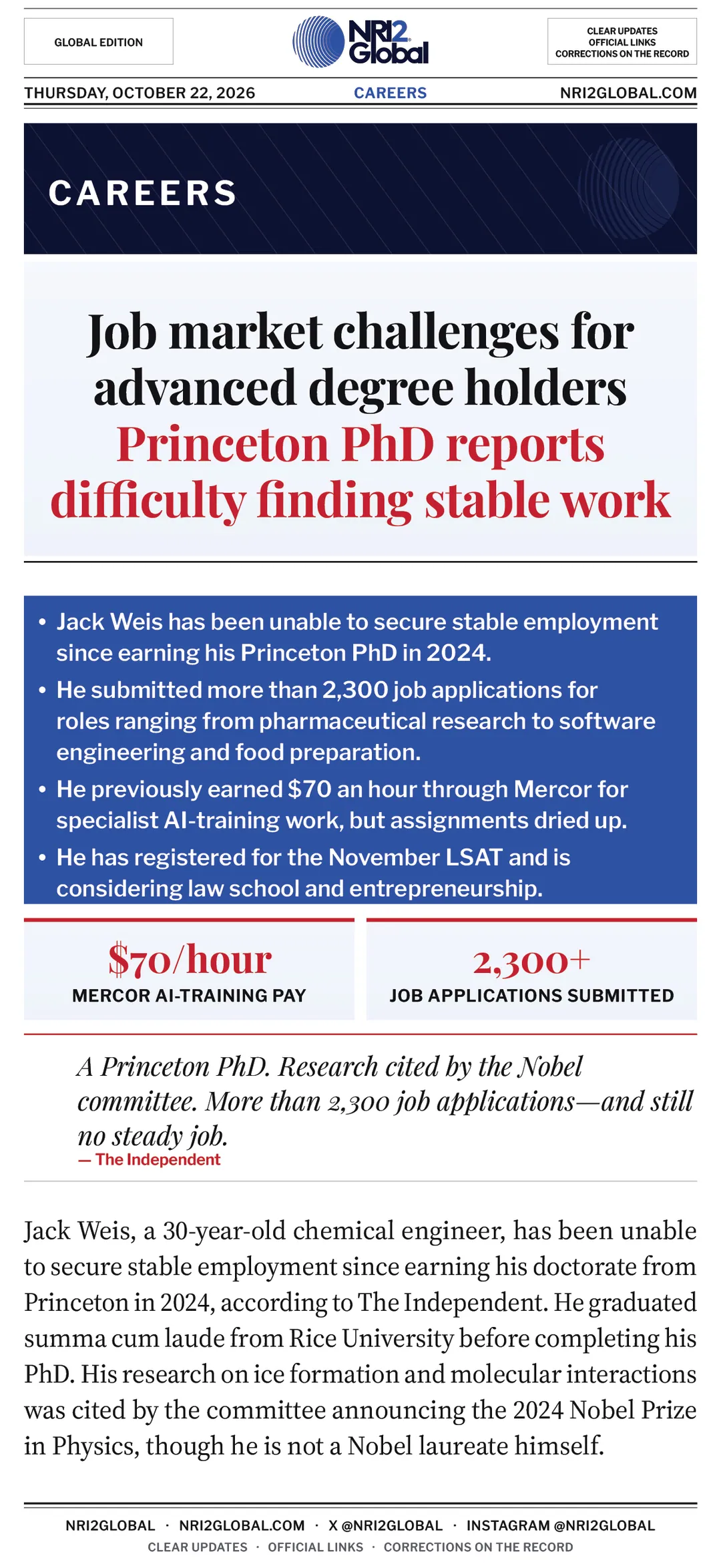 Princeton PhD Jack Weis reports difficulty securing employment