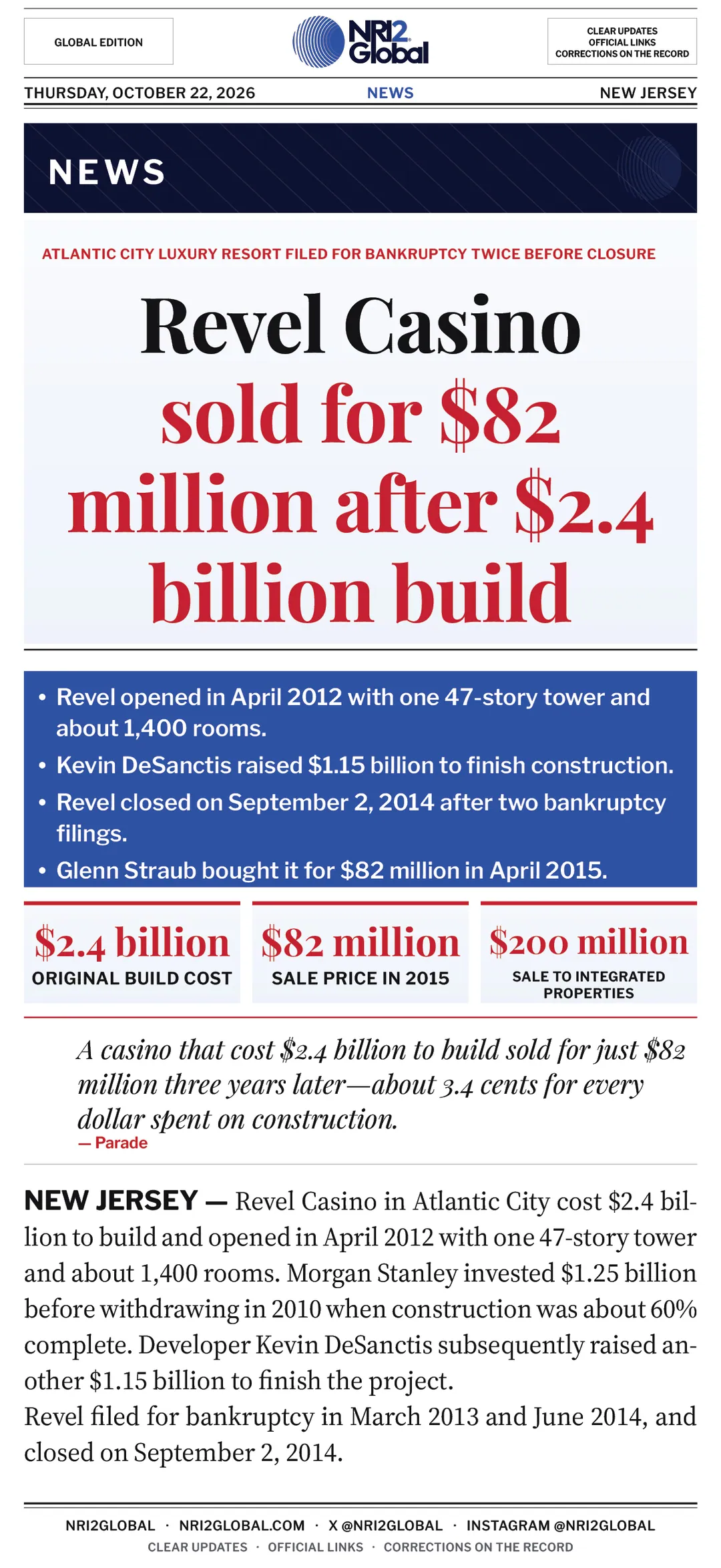 Revel casino sold for $82 million after $2.4 billion build