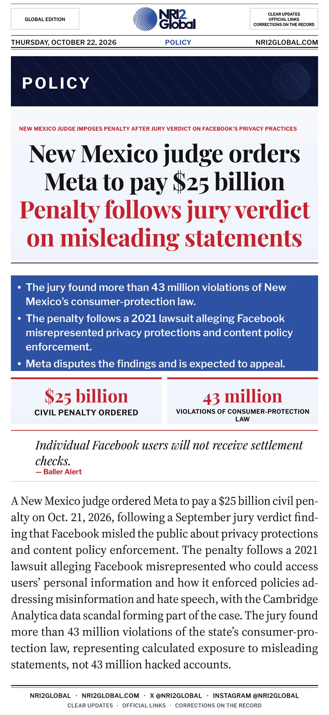 Meta ordered to pay $25 billion civil penalty in New Mexico
