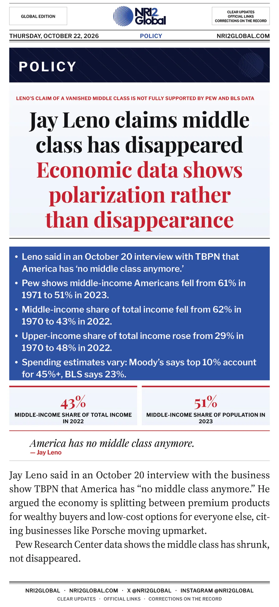 Jay Leno claims middle class has disappeared amid economic polarization