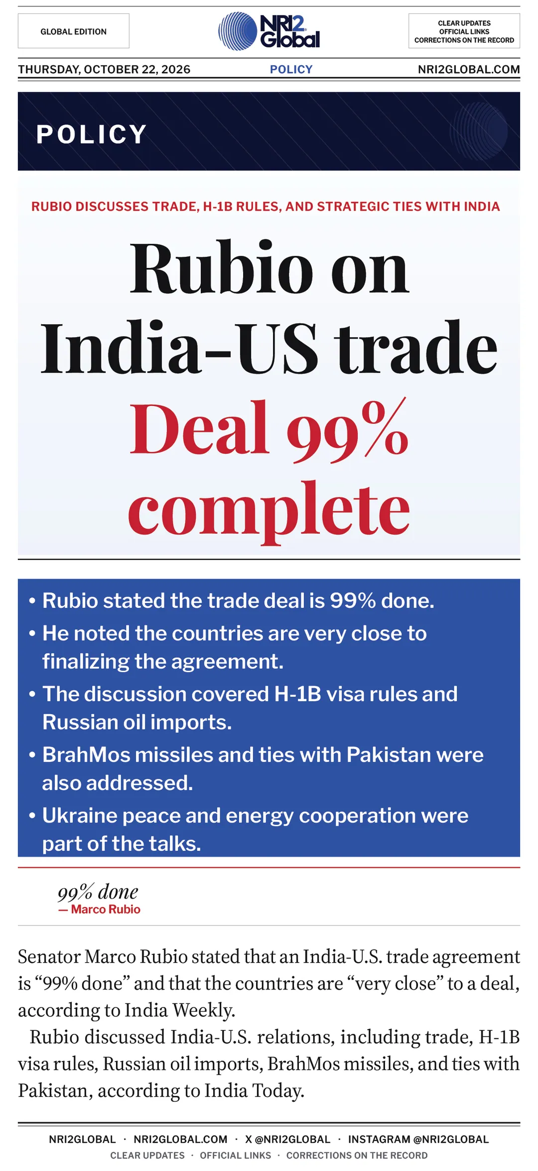 Rubio says India-US trade deal is 99% done