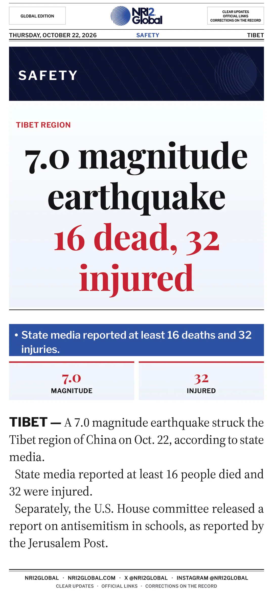 7.0 magnitude earthquake strikes China's Tibet region on October 22