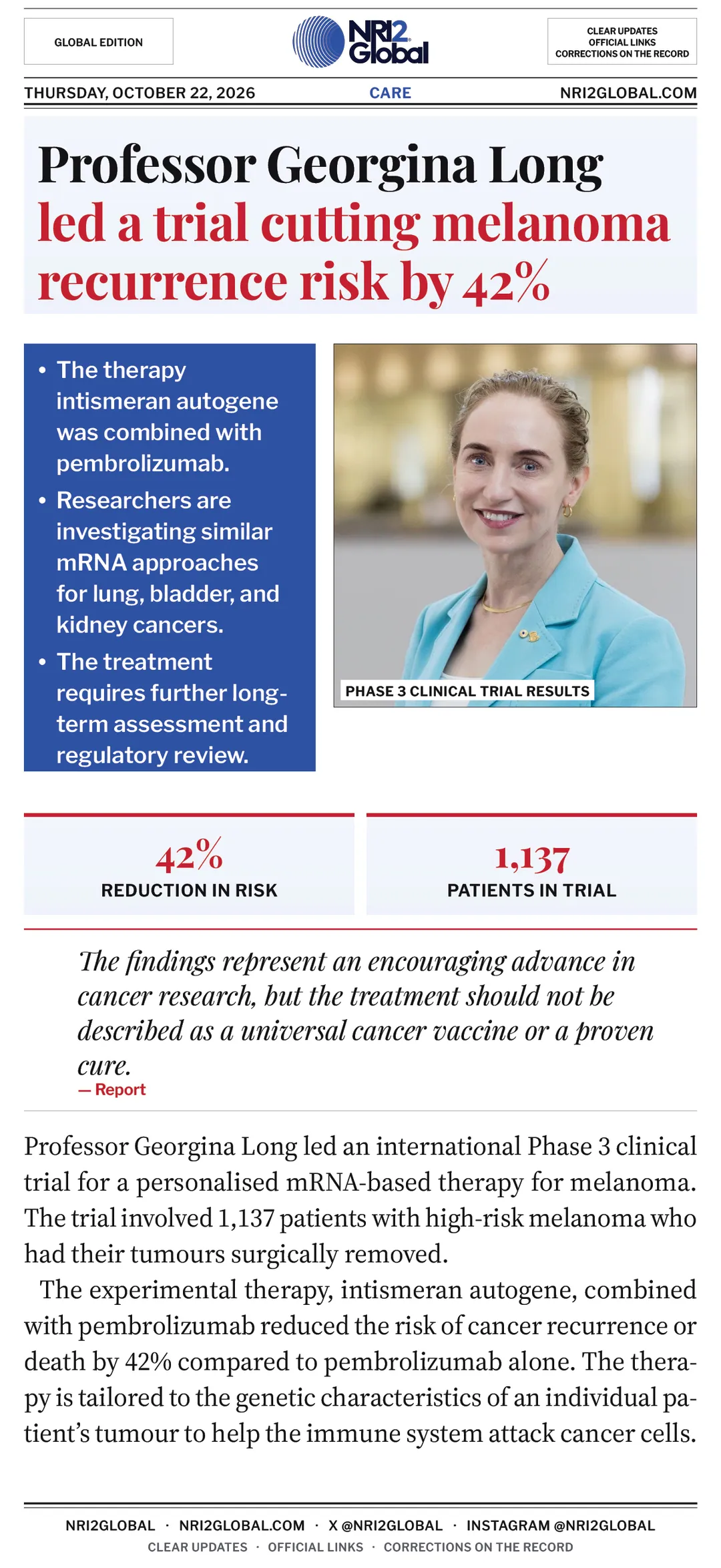 Professor Georgina Long's melanoma therapy cuts recurrence risk by 42%