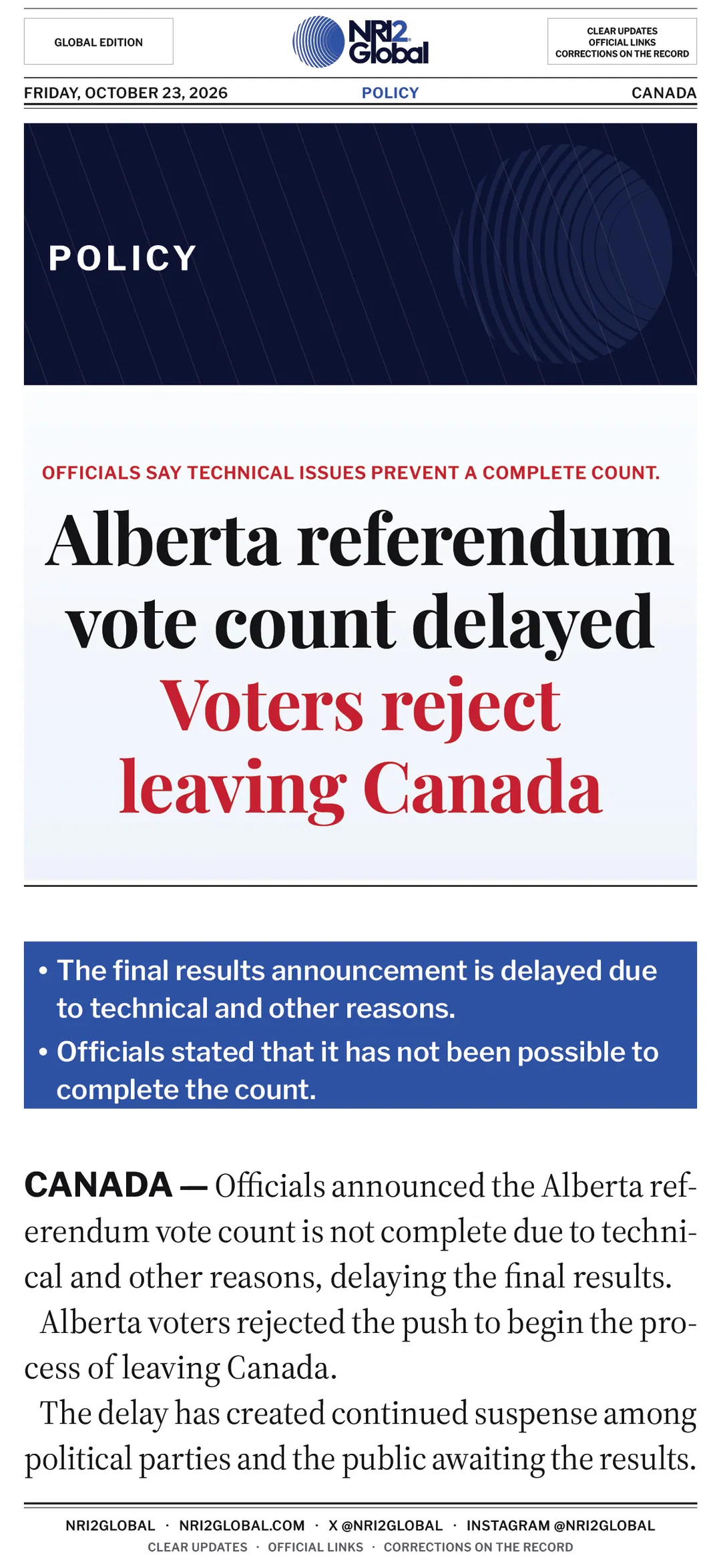 Alberta referendum vote count delayed