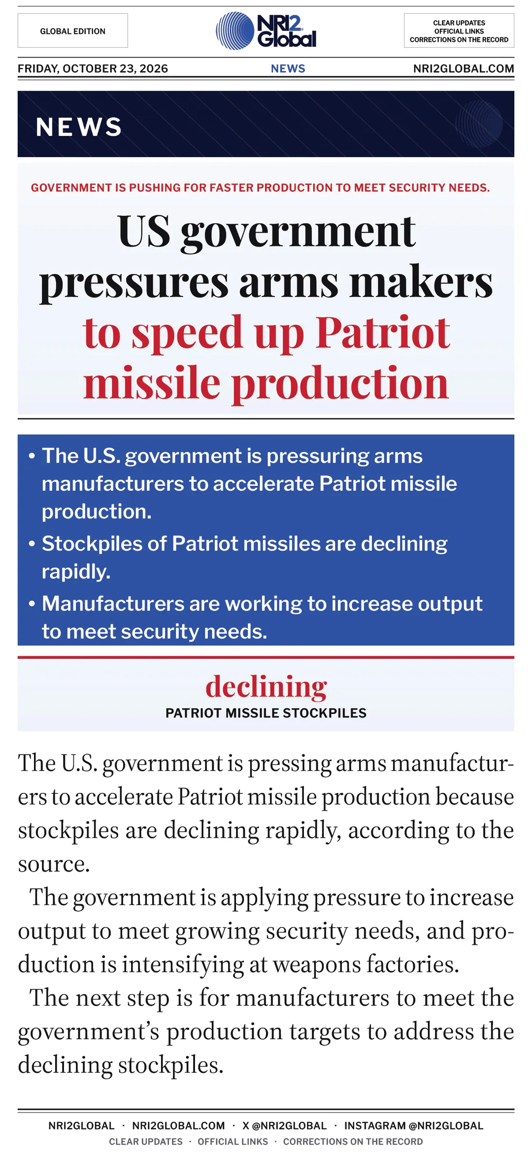 US government pressures arms makers to speed up Patriot missile production