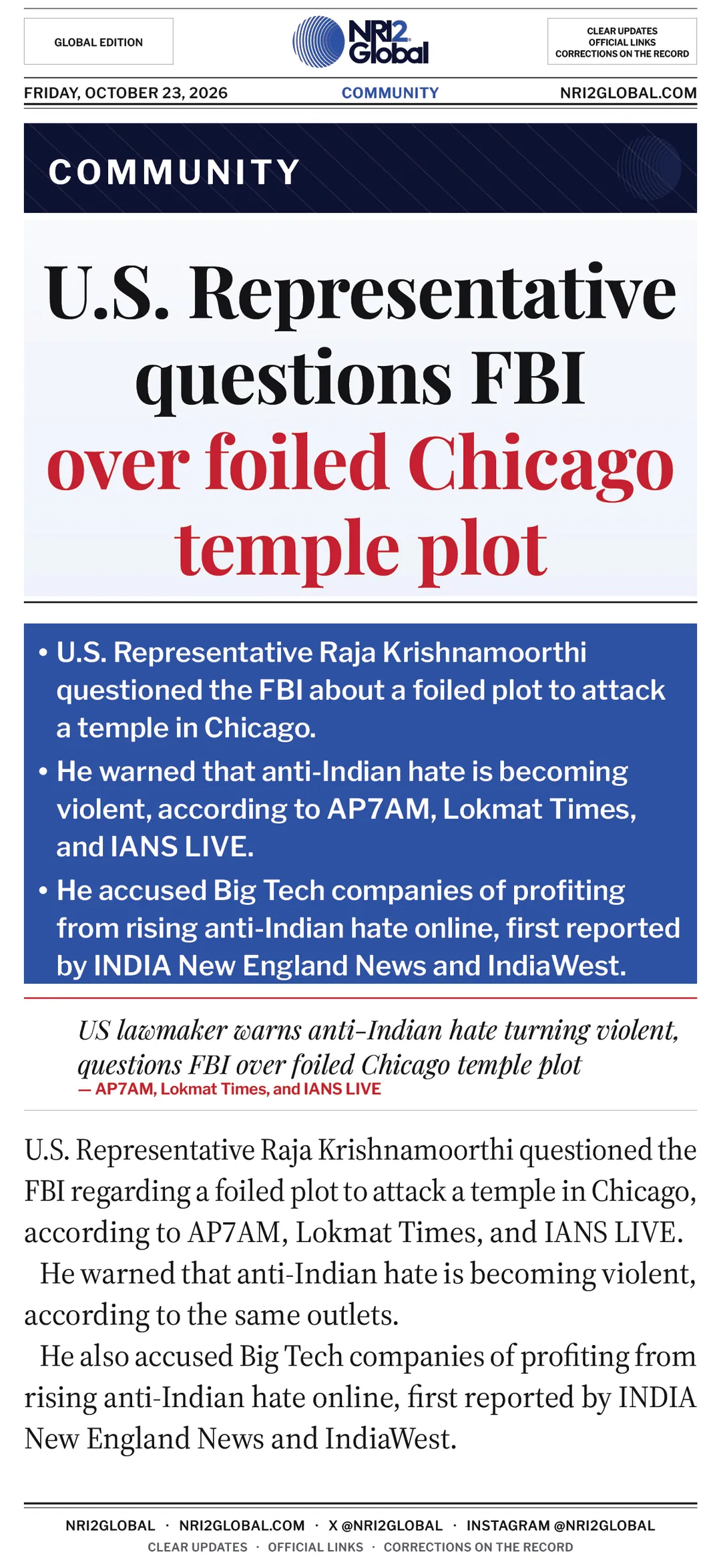 Raja Krishnamoorthi questions FBI over foiled Chicago temple plot