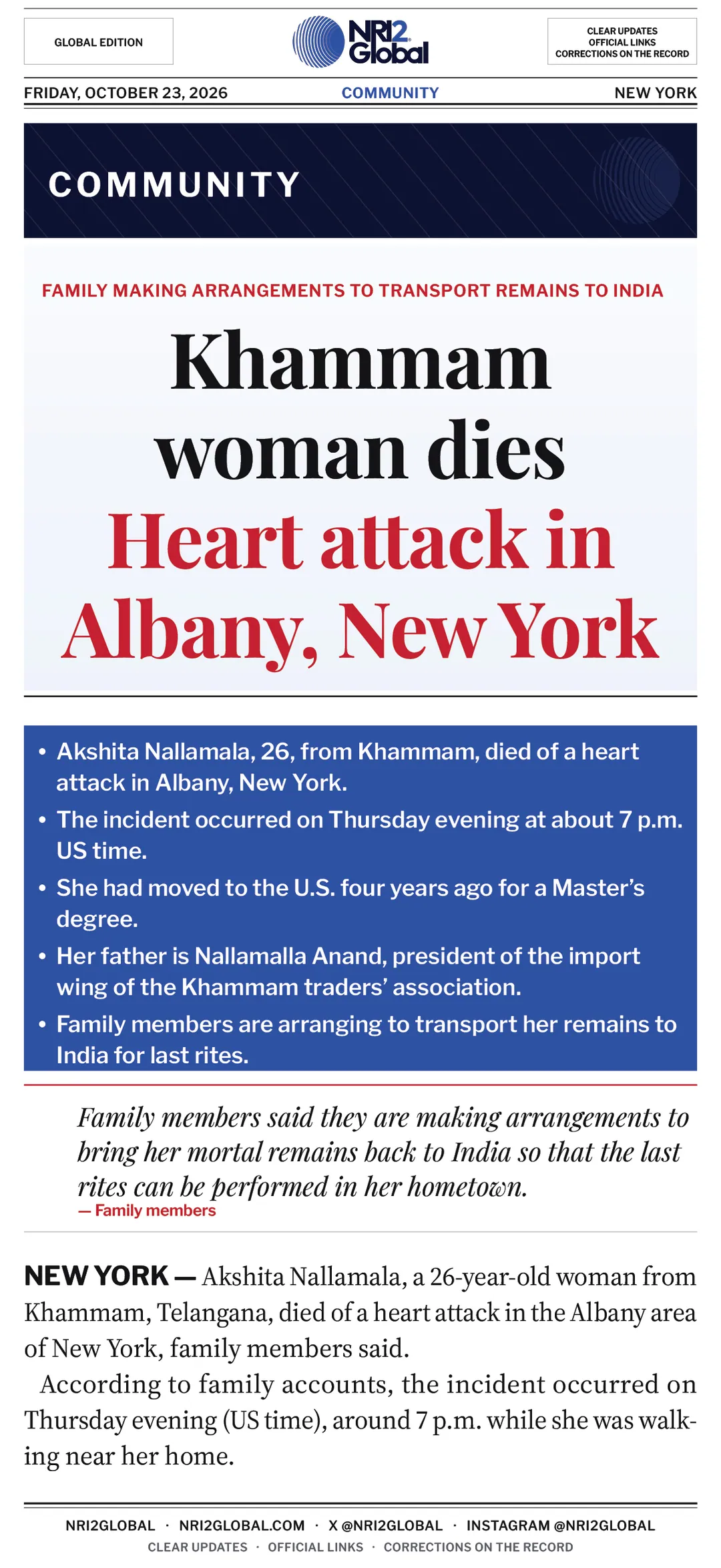 Khammam woman, 26, dies of heart attack in Albany, New York