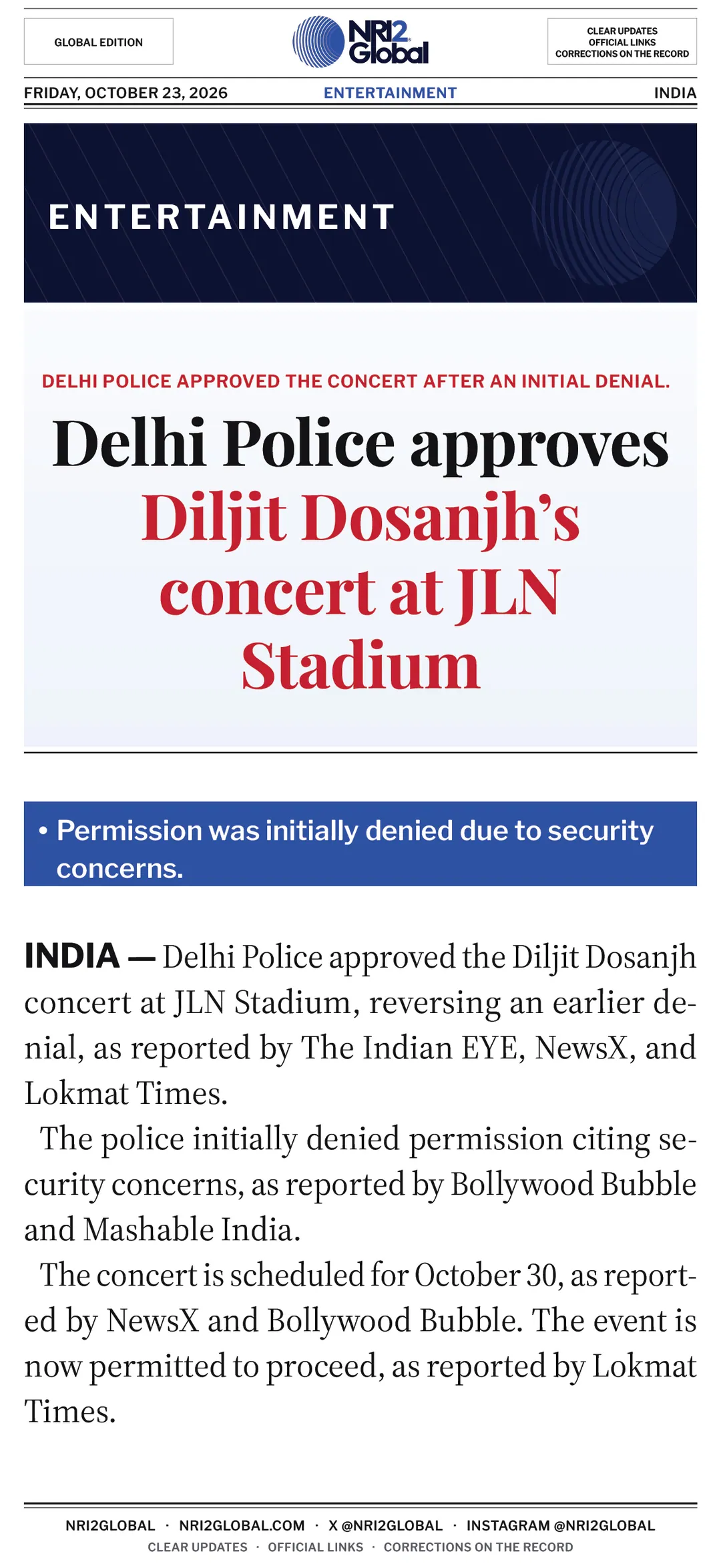 Delhi Police approves Diljit Dosanjh's October 30 concert at JLN Stadium