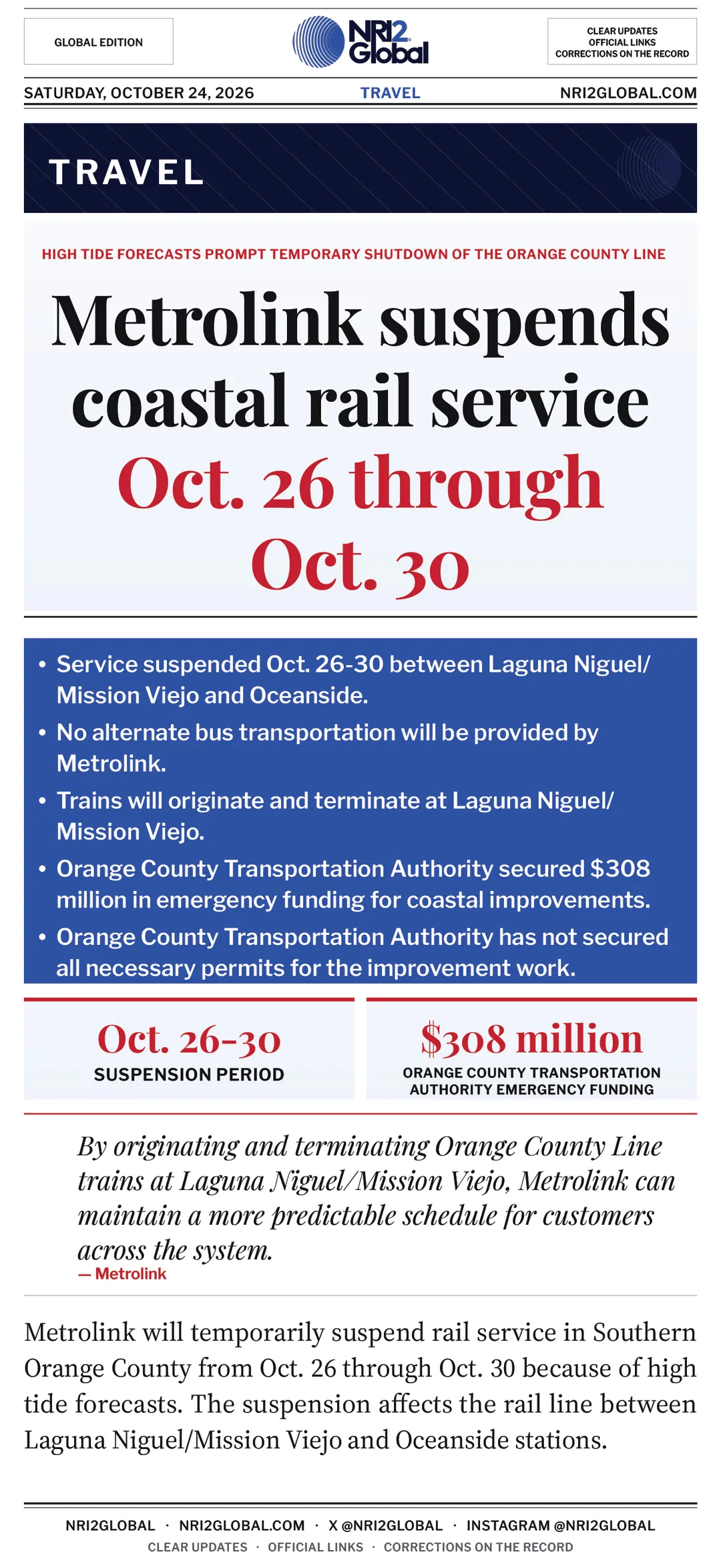Metrolink suspends Southern Orange County rail service Oct. 26-30