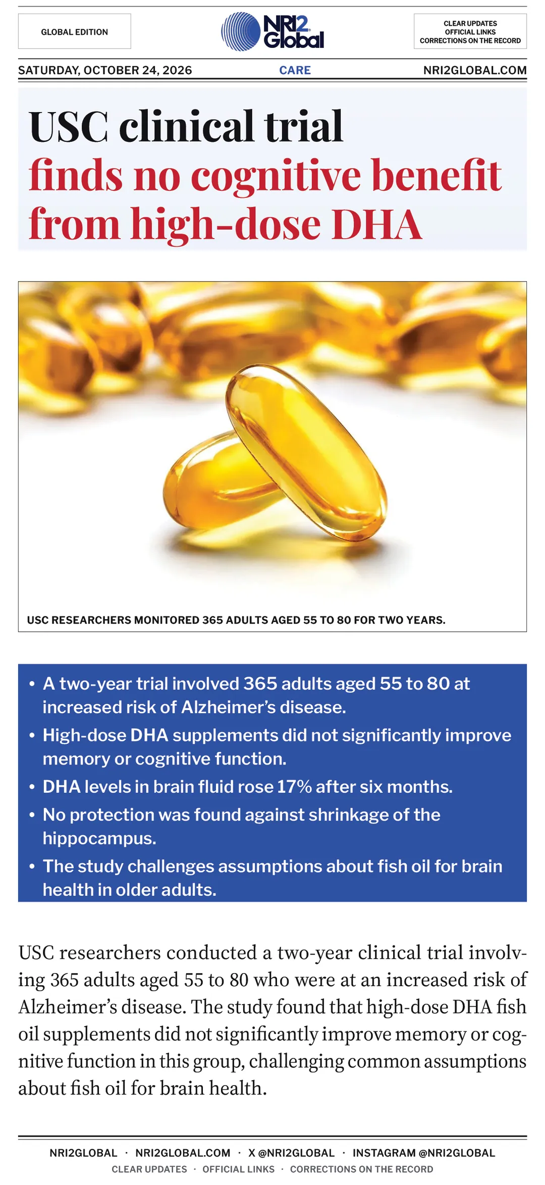 USC study finds high-dose DHA fish oil does not improve memory