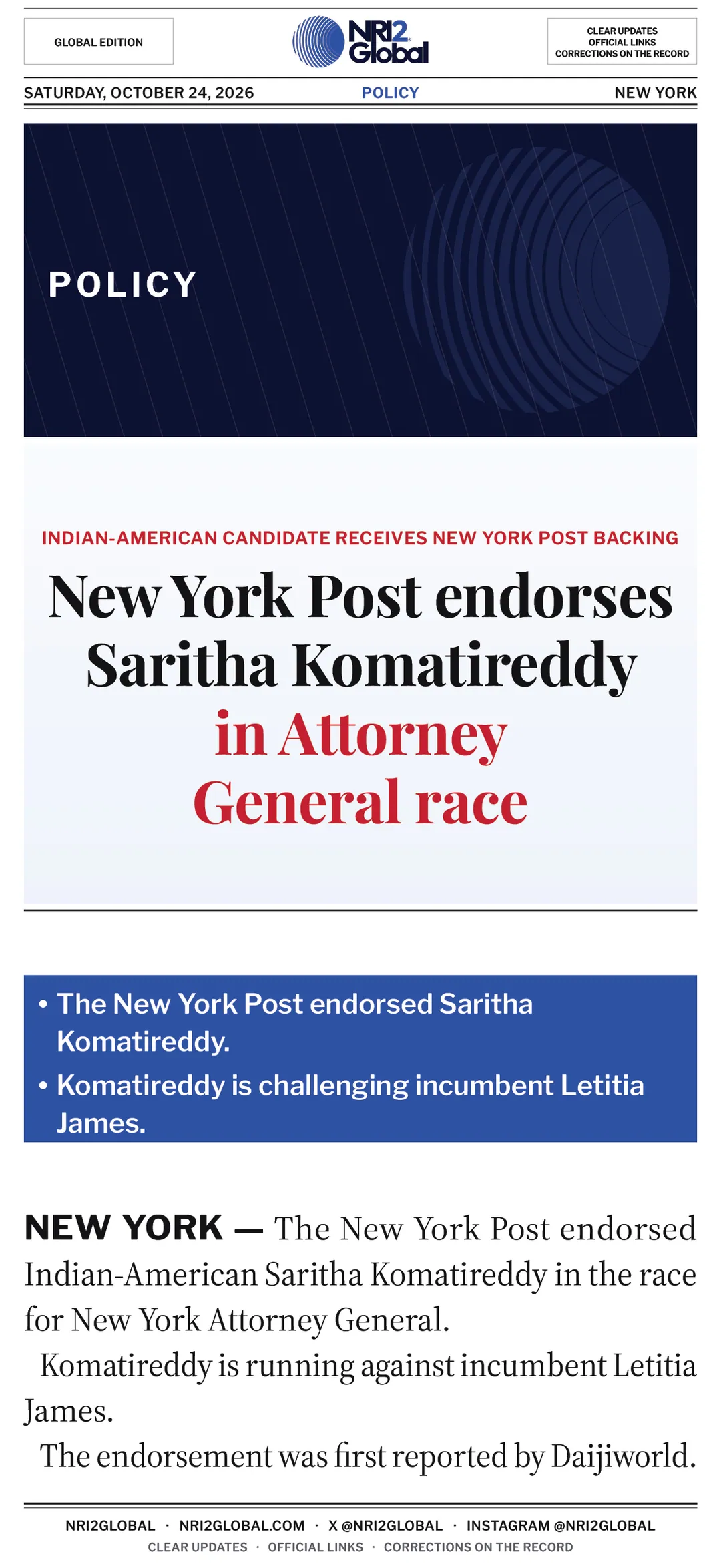 New York Post endorses Saritha Komatireddy for Attorney General