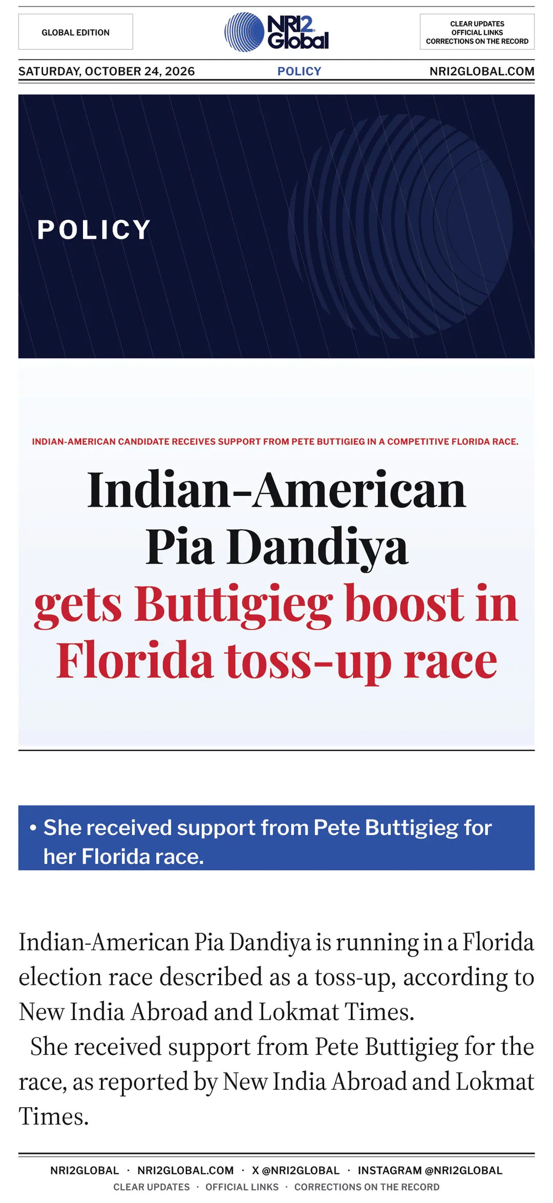 Pia Dandiya receives support from Pete Buttigieg in Florida race