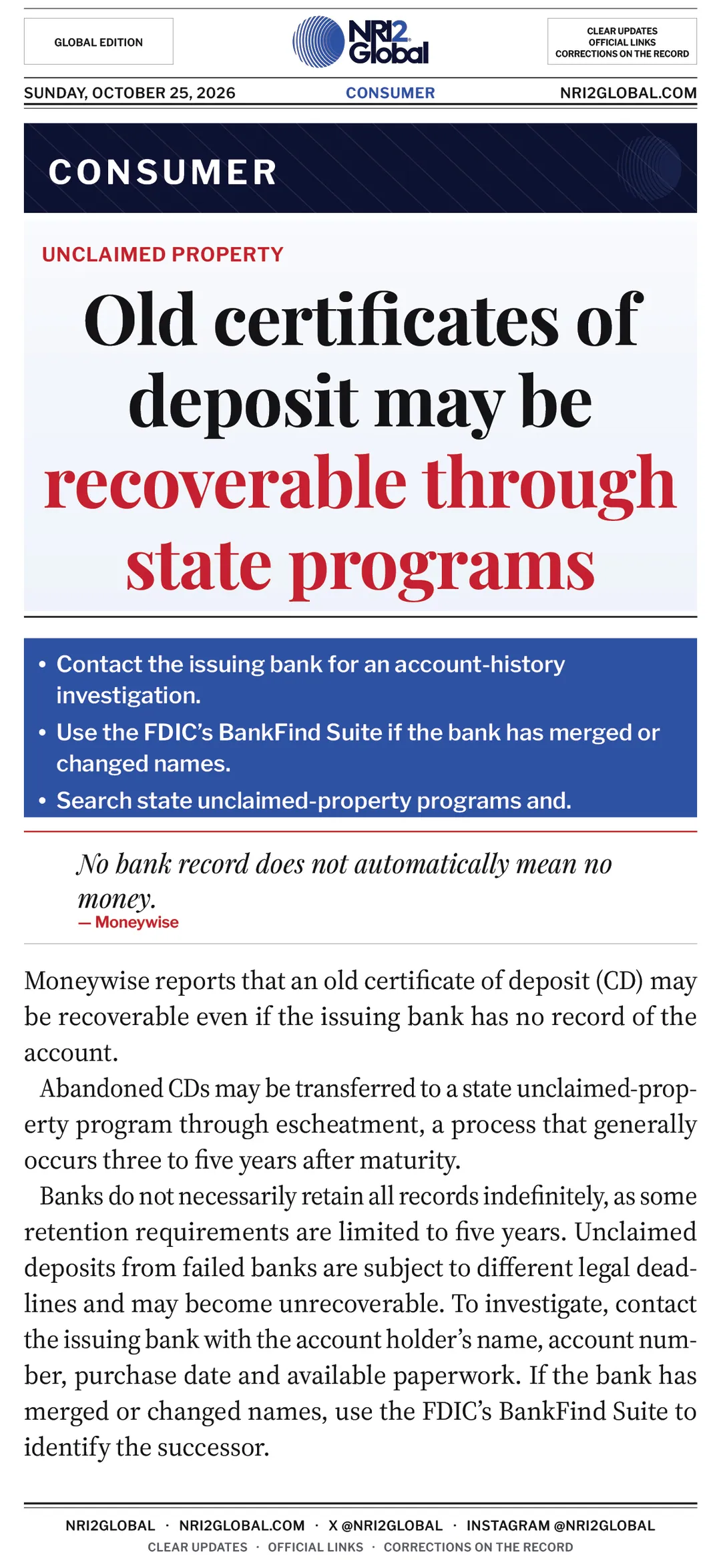 Old certificates of deposit may be recoverable through state programs