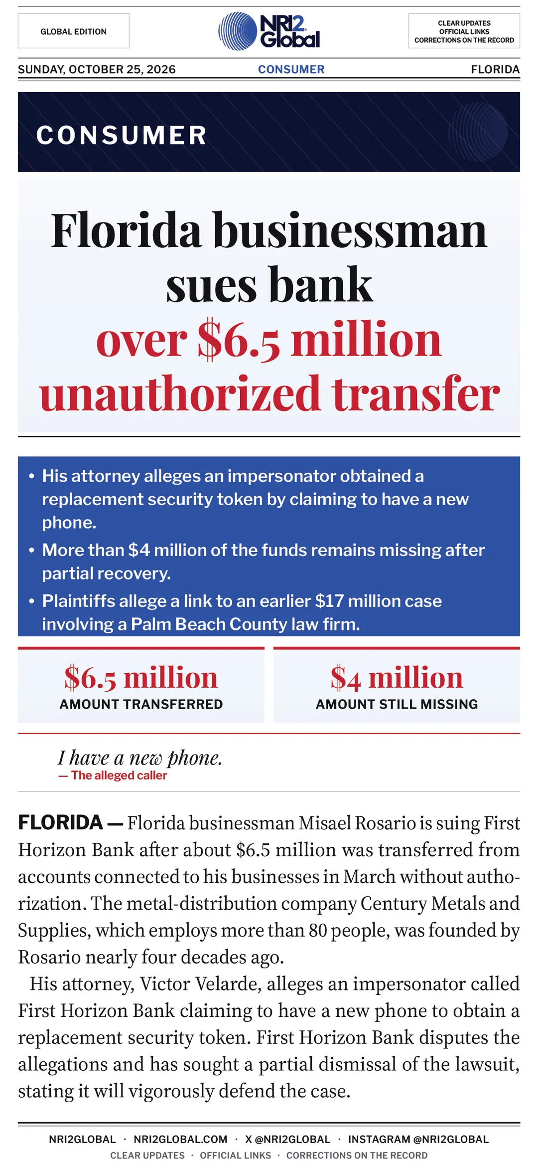 Florida businessman sues First Horizon Bank over $6.5 million transfer