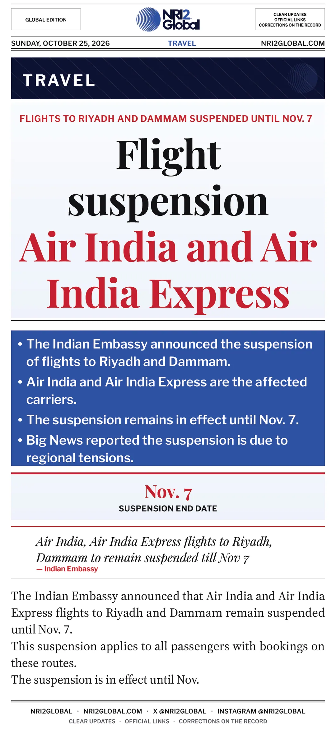 Air India and Air India Express flights to Riyadh and Dammam suspended until Nov. 7