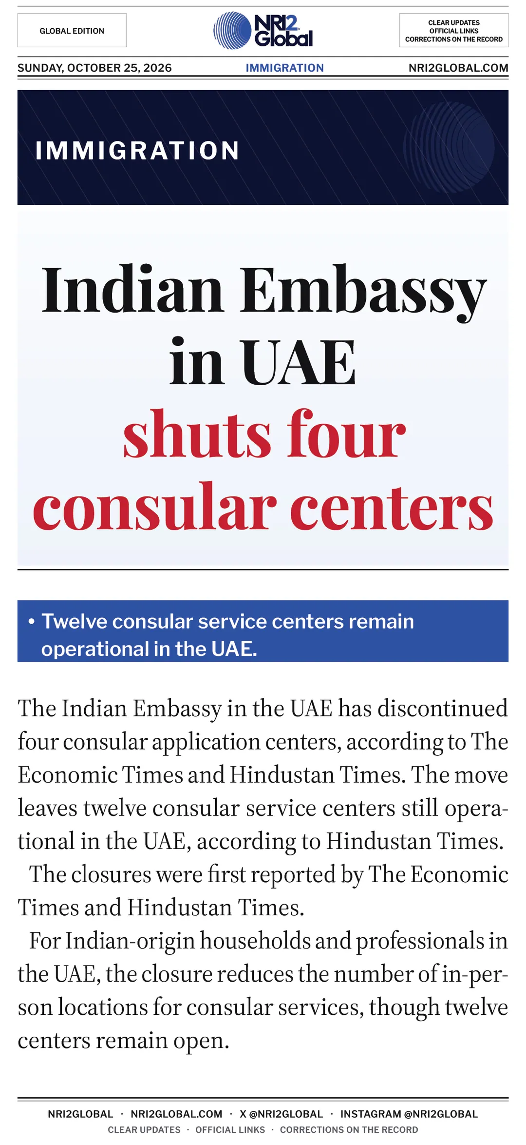 Indian Embassy in UAE shuts four consular centers