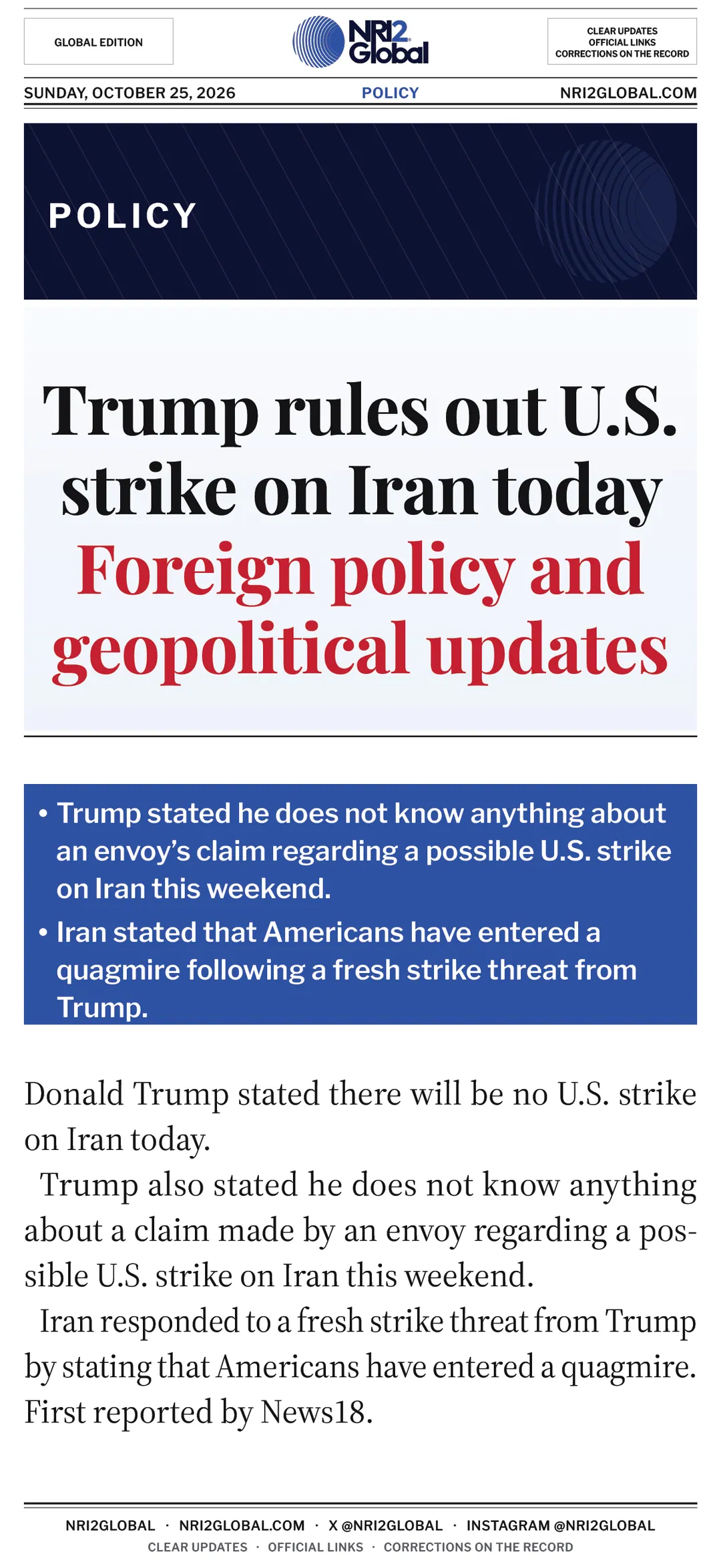 Trump rules out U.S. strike on Iran today