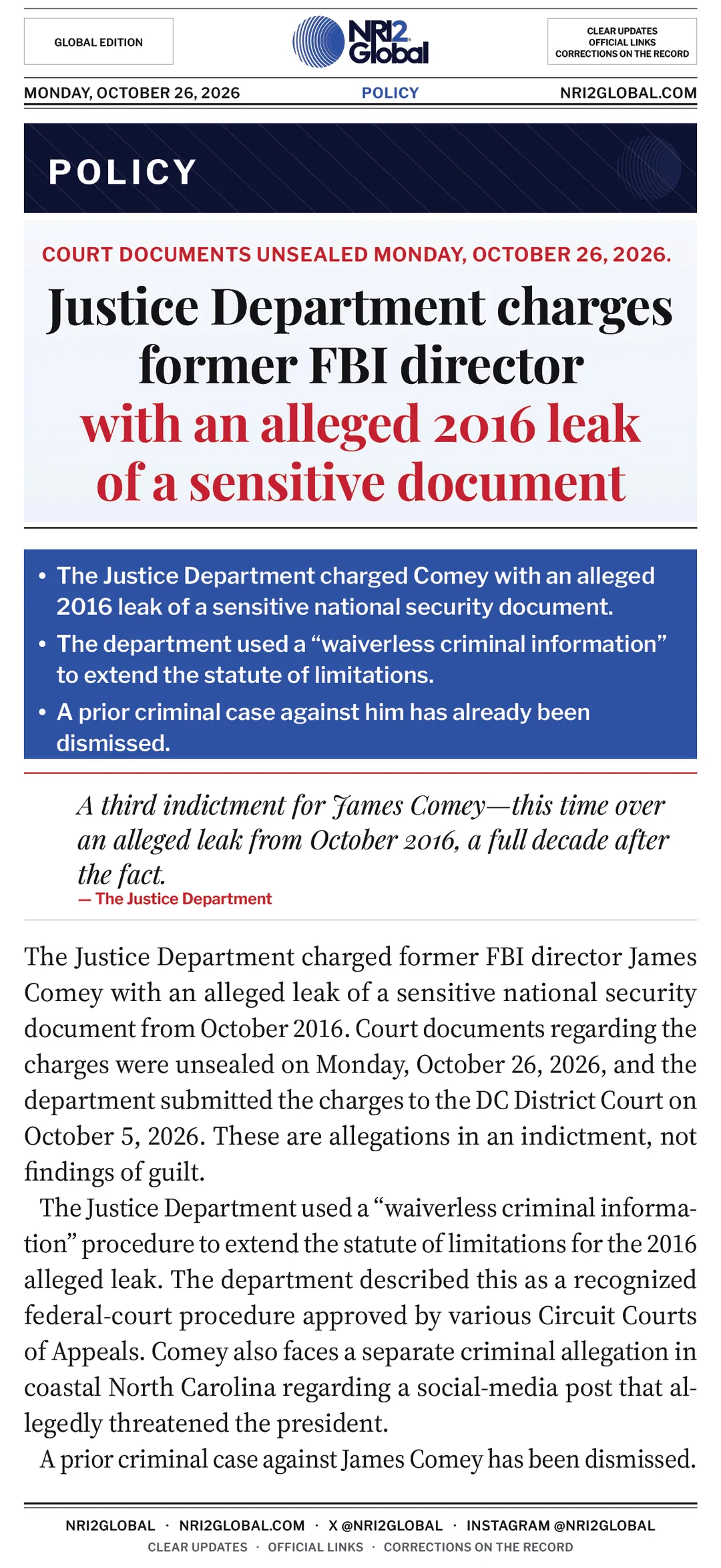 Justice Department charges former FBI director James Comey with alleged 2016 leak