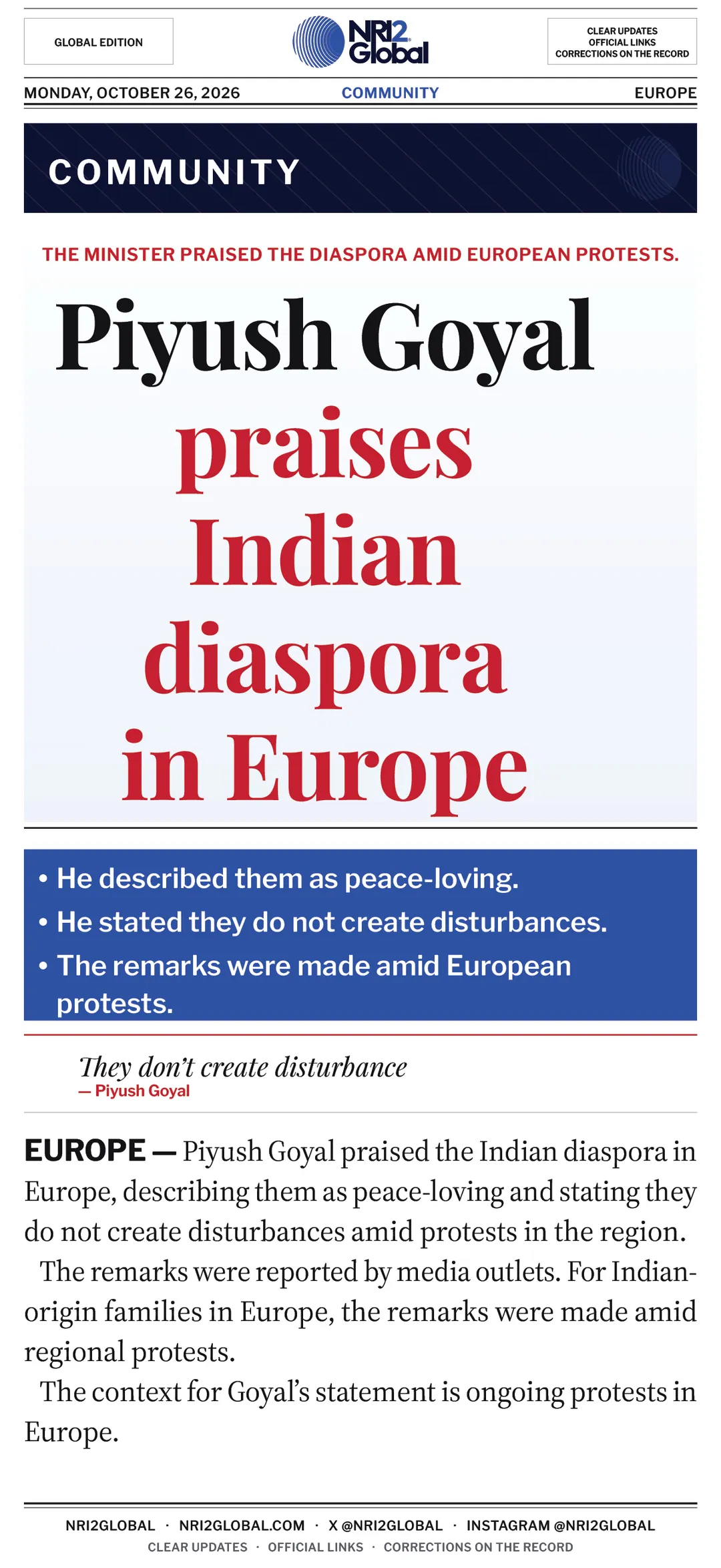 Piyush Goyal praises Indian diaspora in Europe