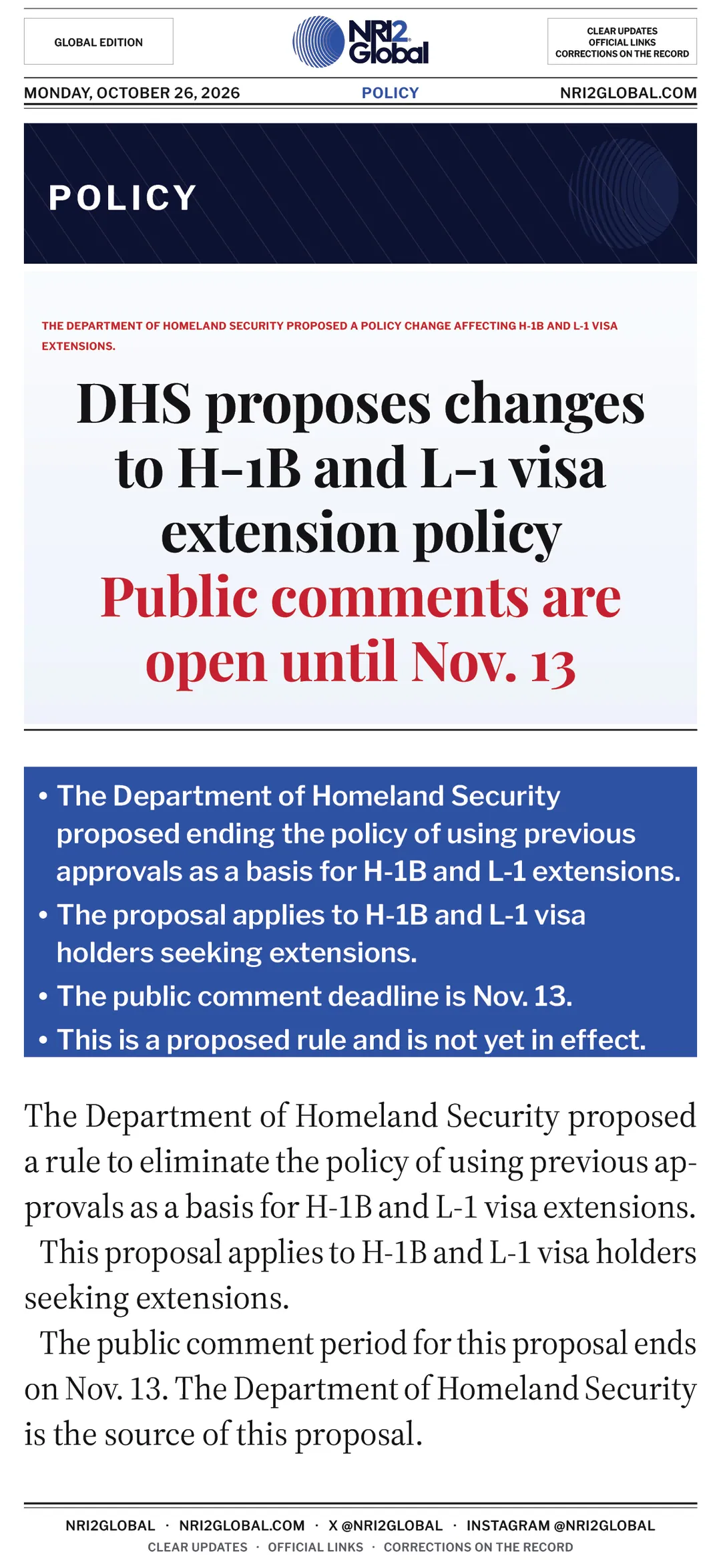 DHS proposes changes to H-1B and L-1 visa extension policy