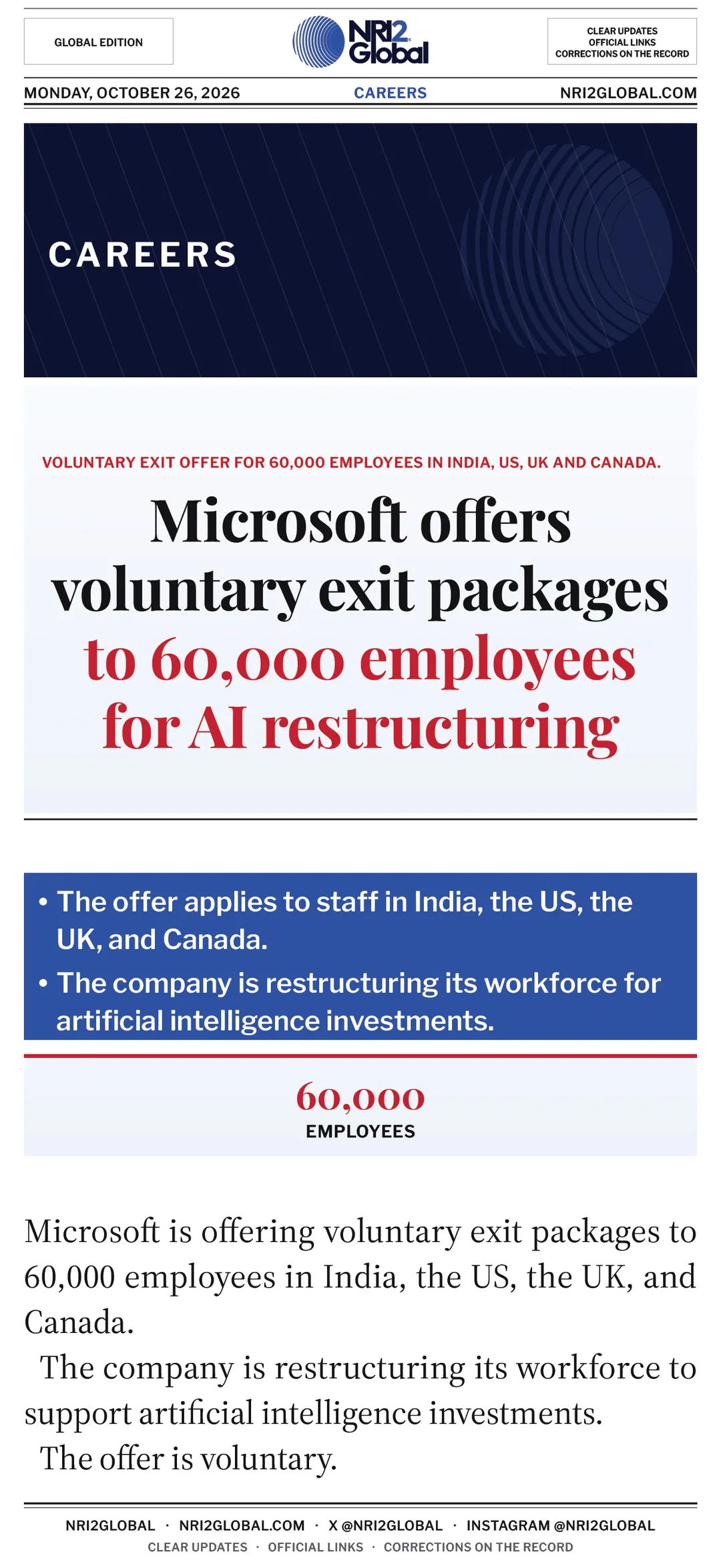 Microsoft offers voluntary exit packages to 60,000 employees