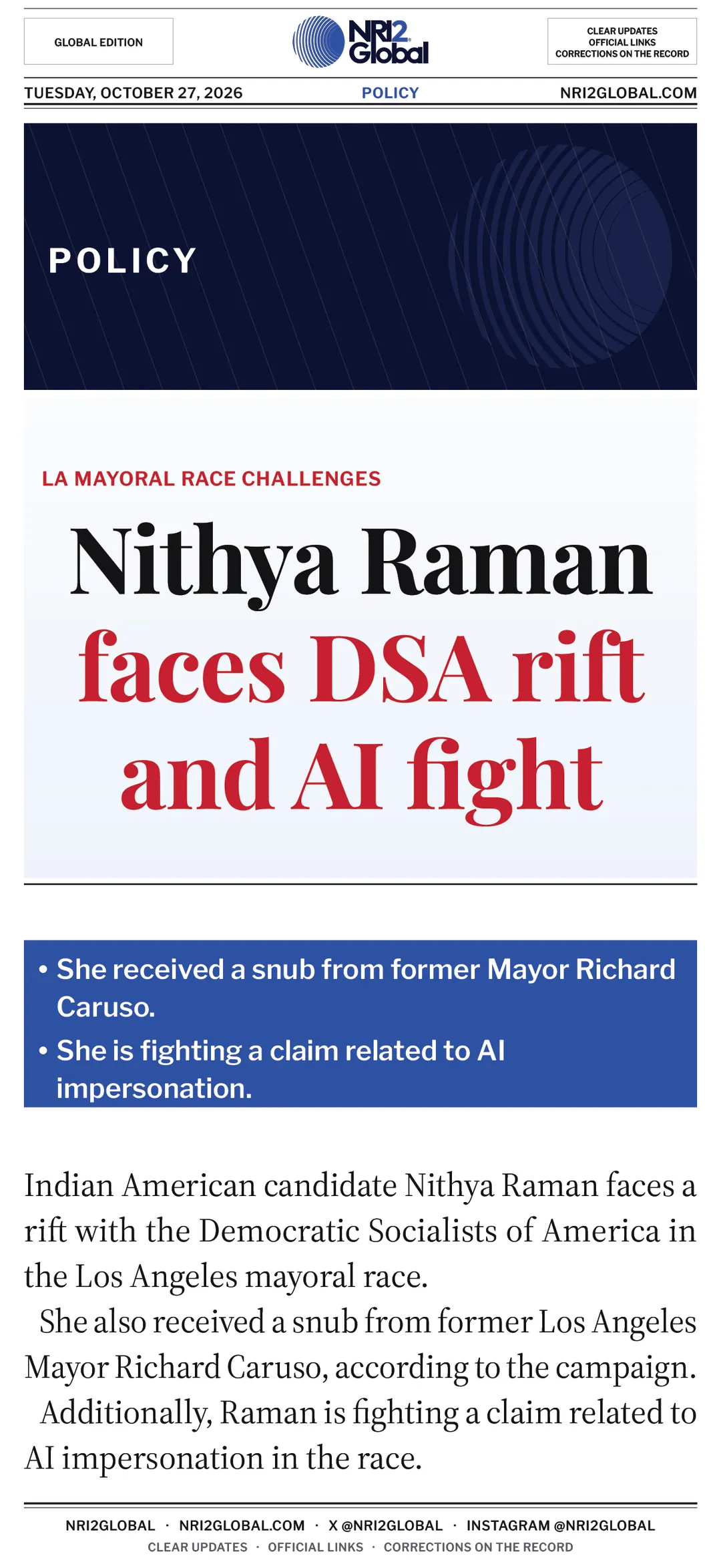 Nithya Raman faces DSA rift and AI impersonation fight in Los Angeles mayoral race