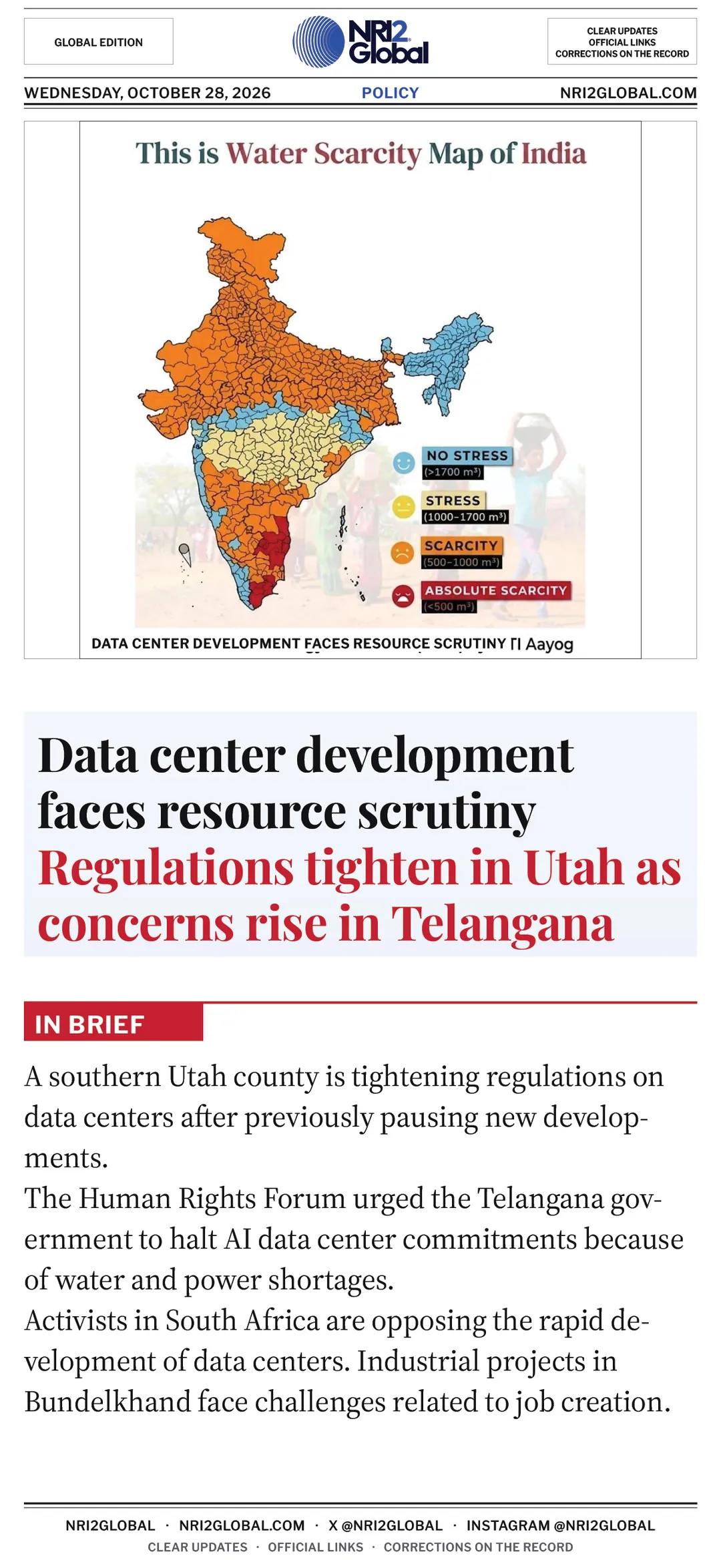 Data center development faces resource scrutiny Regulations tighten in Utah as concerns rise in Telangana