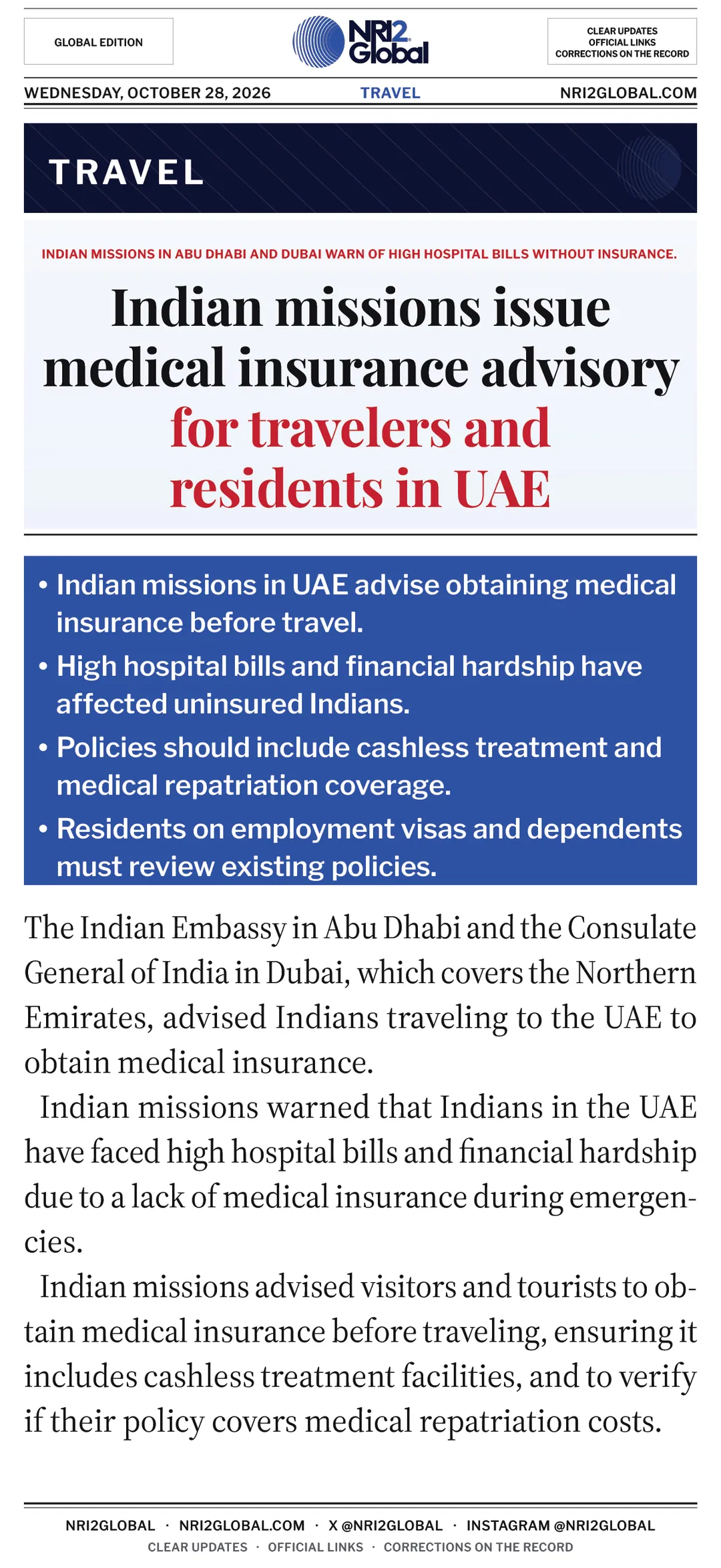 Indian missions warn of high UAE hospital bills without insurance