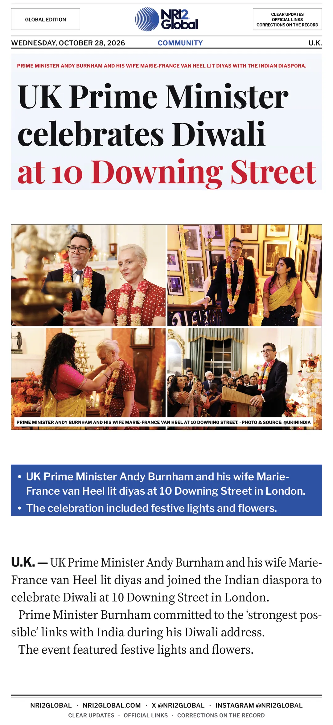 UK Prime Minister Andy Burnham celebrates Diwali at 10 Downing Street