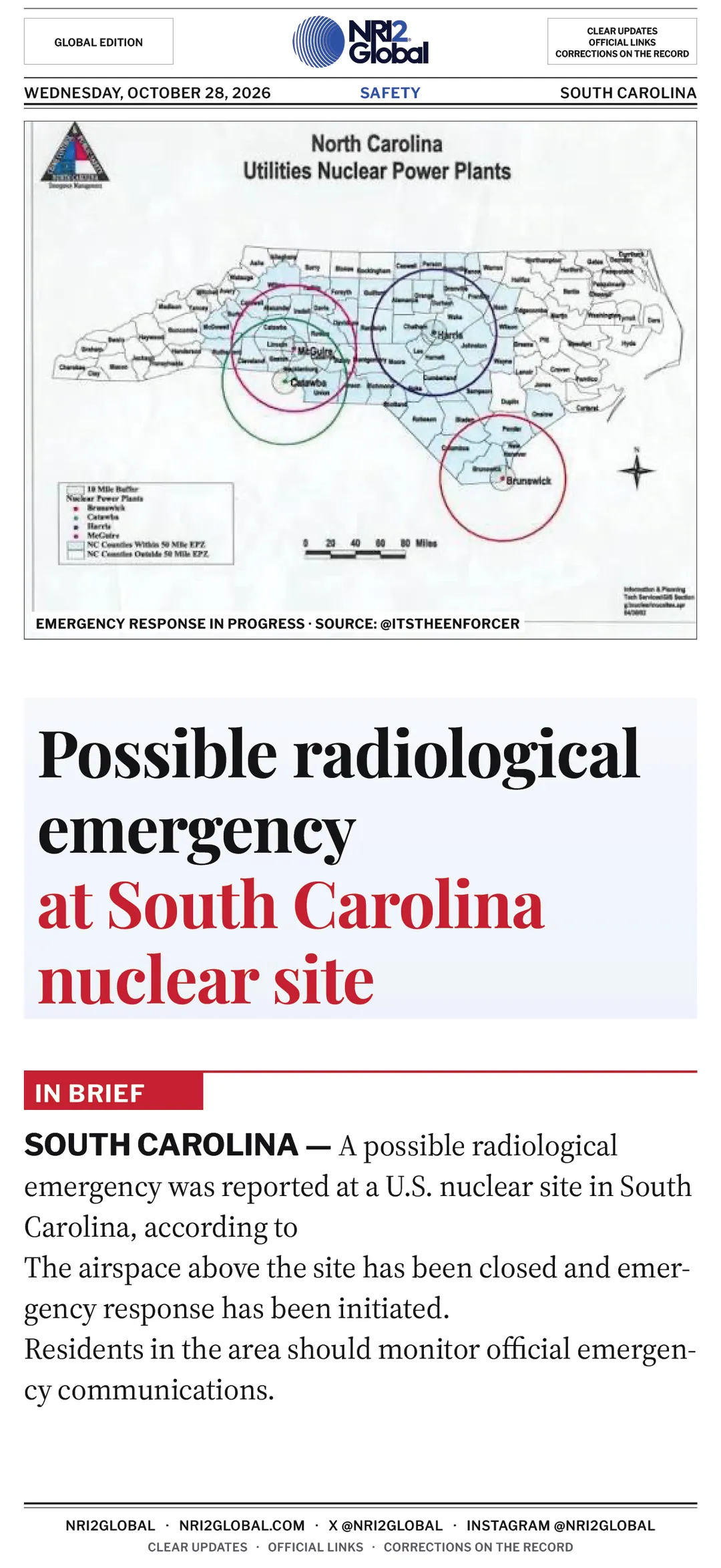 Possible radiological emergency reported at South Carolina nuclear site