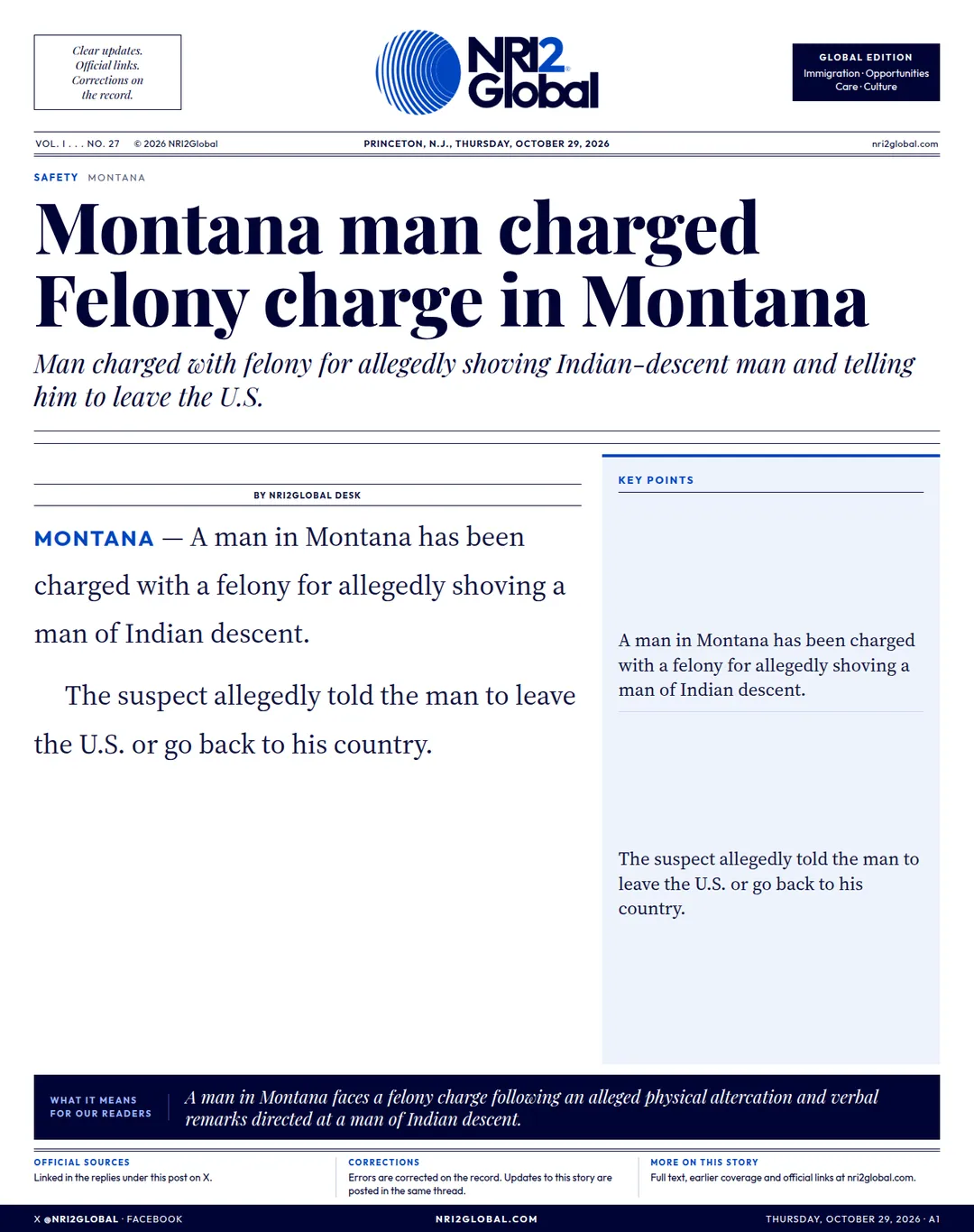 Montana man charged with felony for shoving Indian-descent man