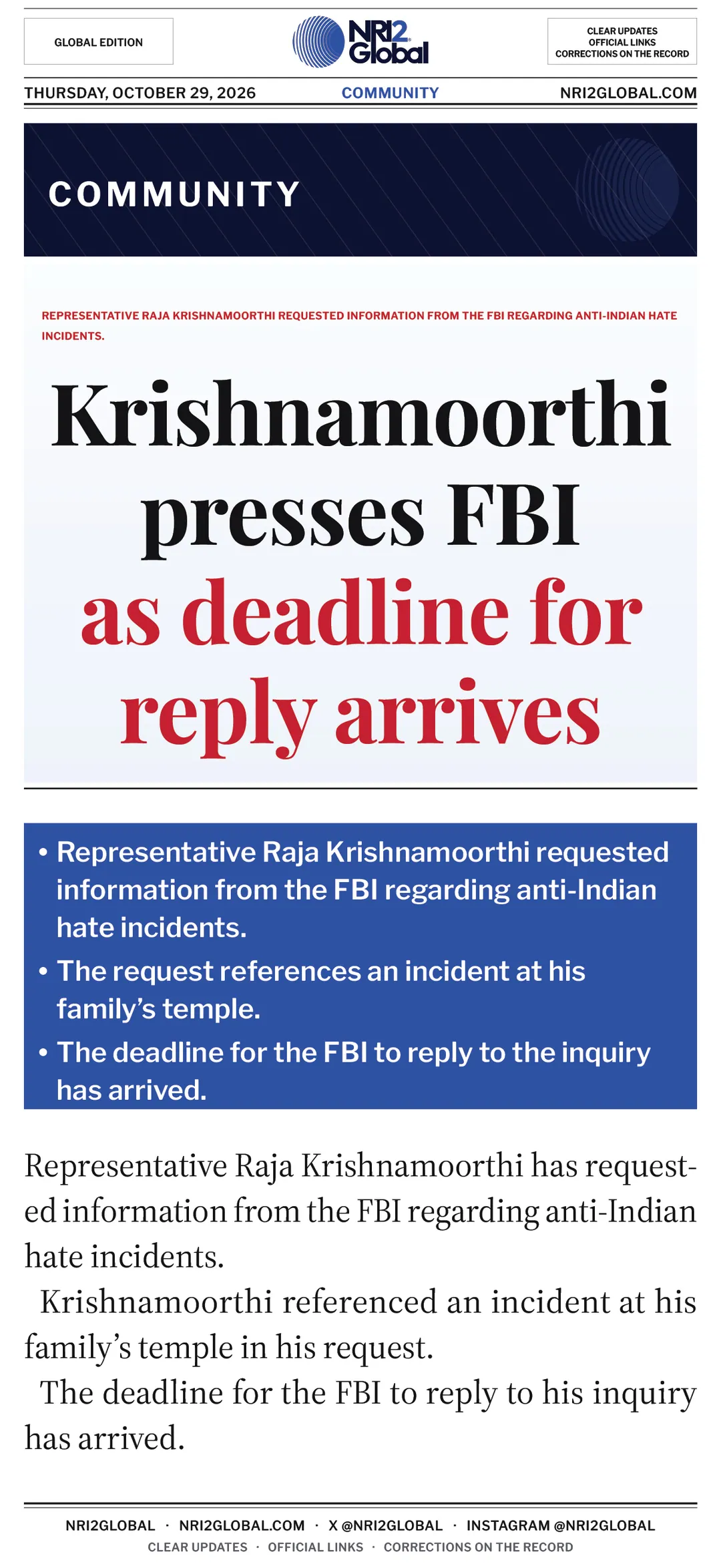 Krishnamoorthi presses FBI on anti-Indian hate incidents
