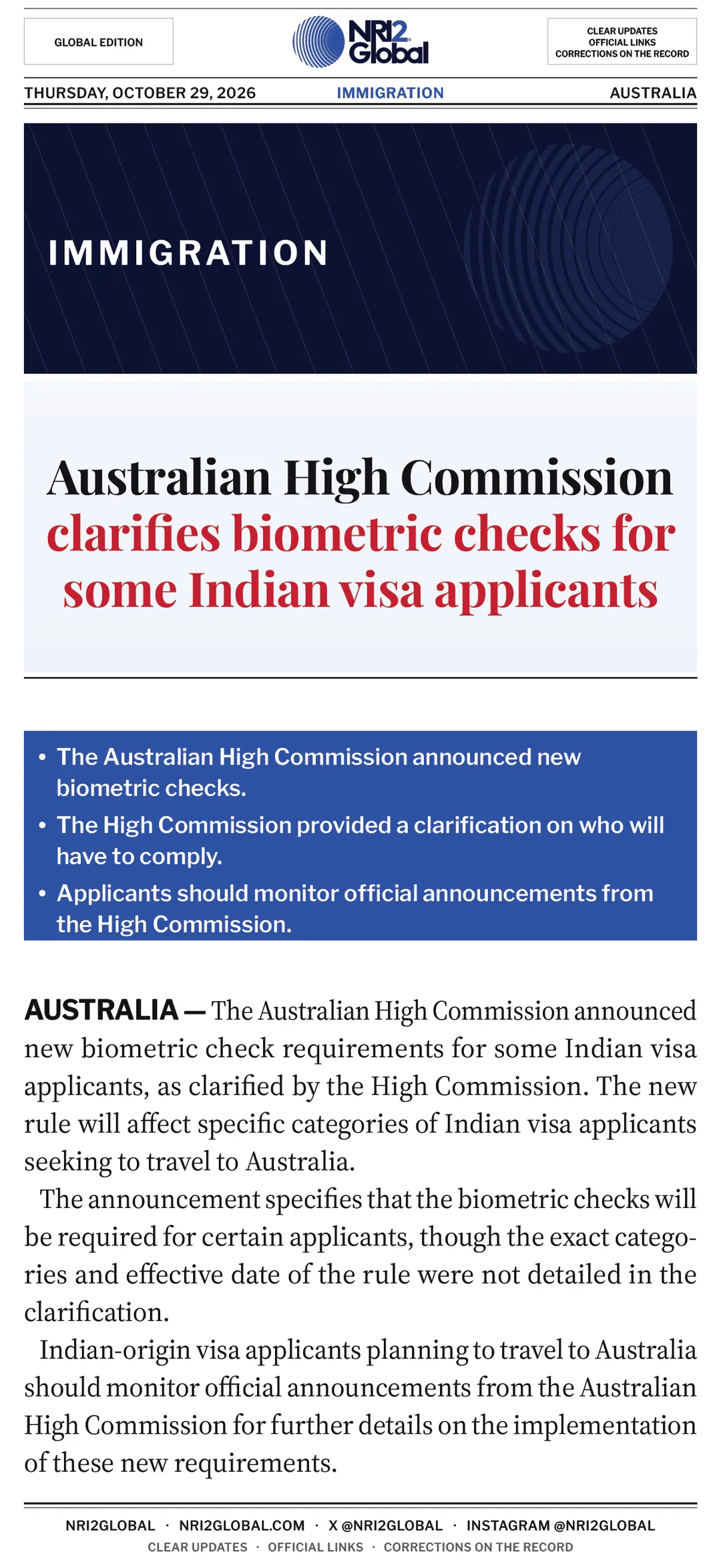 Australian High Commission clarifies biometric checks for some Indian visa applicants