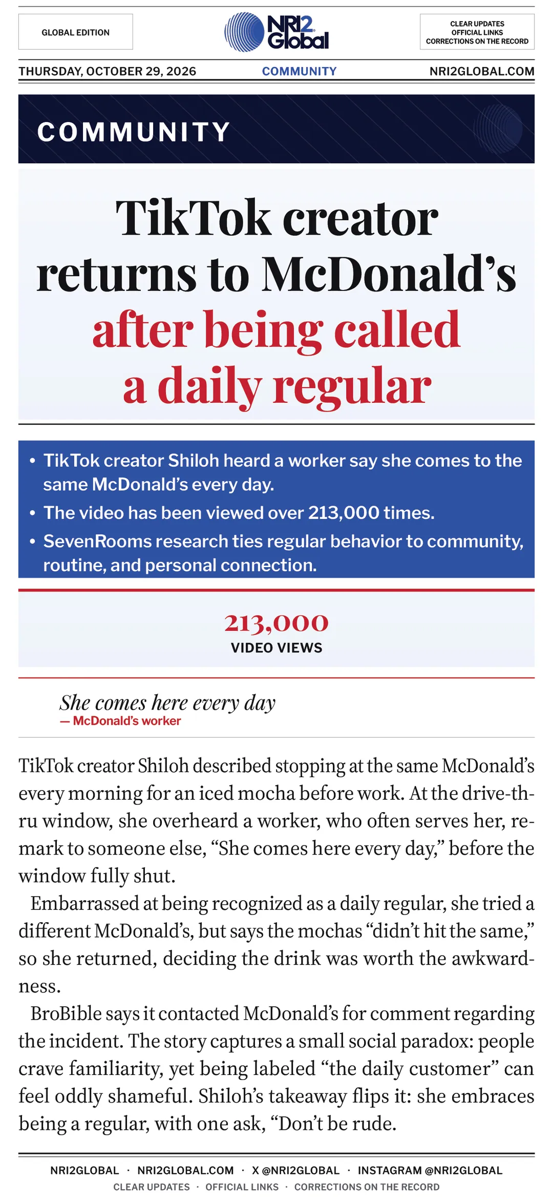TikTok creator returns to McDonald's after being called a daily regular