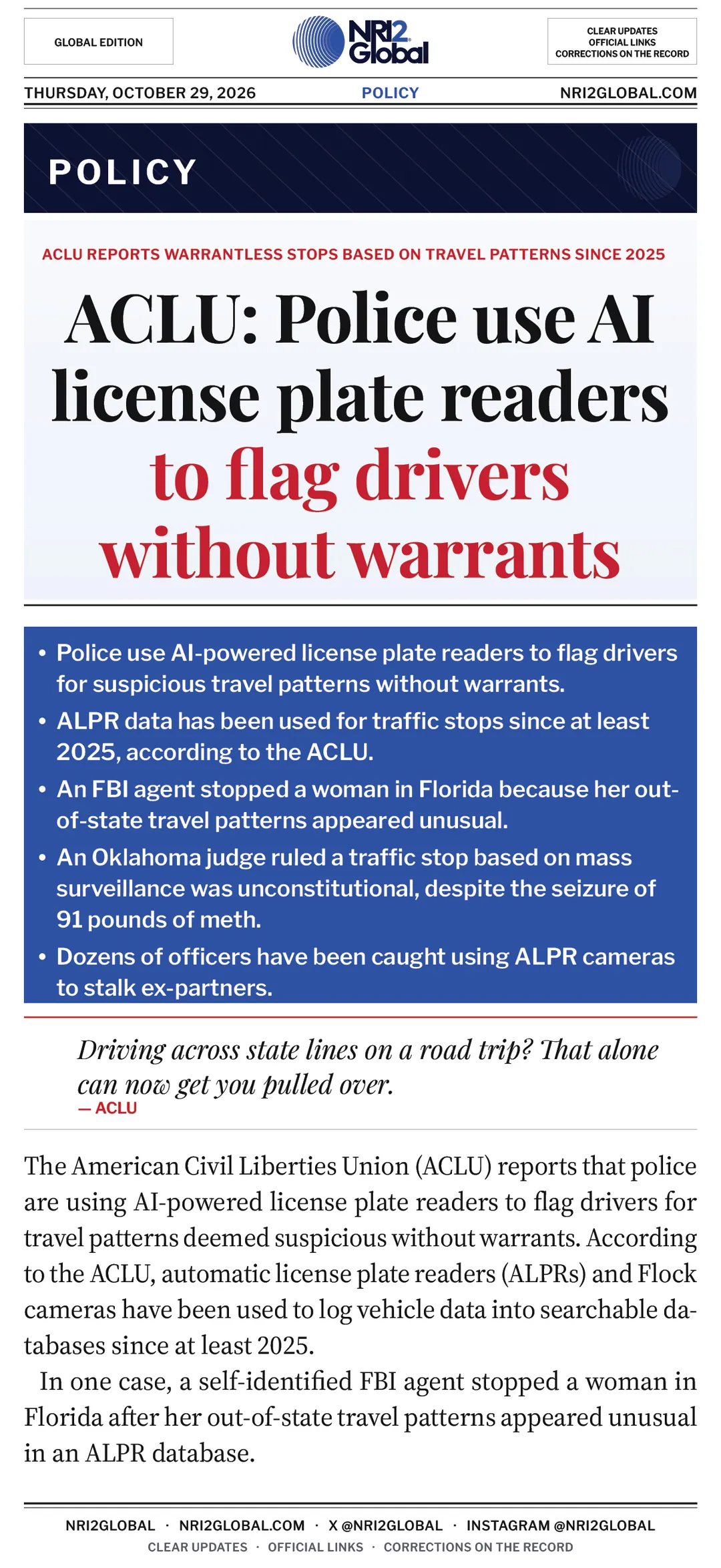 ACLU: Police use AI license plate readers to flag drivers without warrants