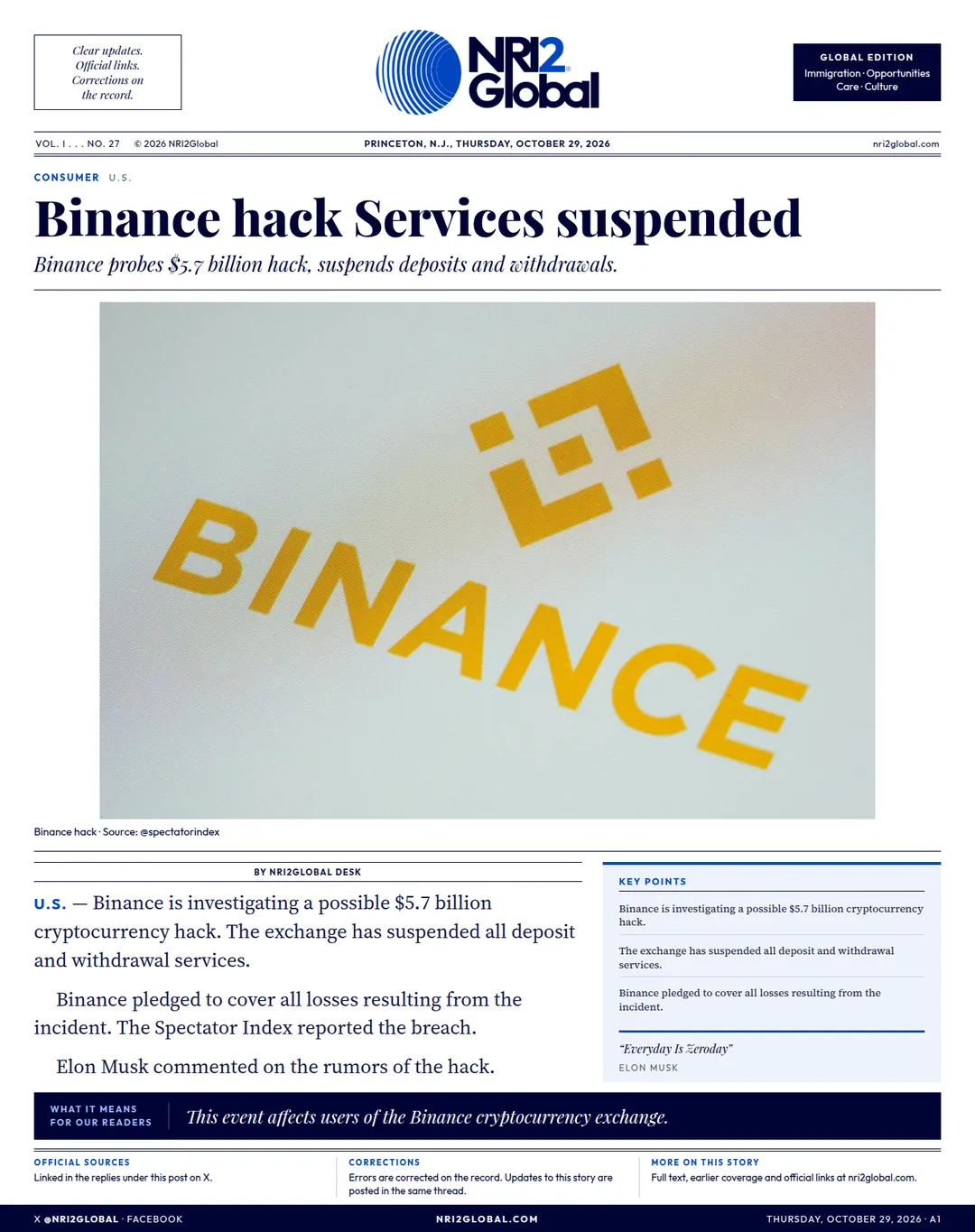 Binance probes $5.7 billion hack, suspends deposits and withdrawals