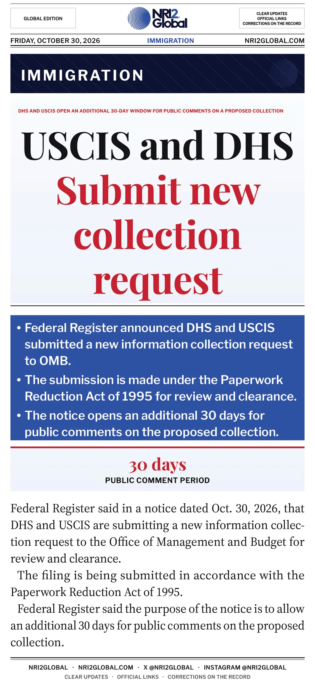 DHS and USCIS open 30-day public comment window on new collection request
